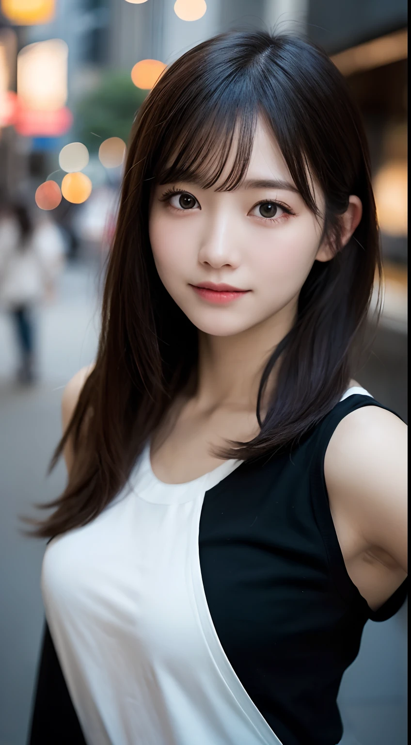 randome pose, mix4, (8K, Raw photography, top-quality, ​masterpiece: 1.45), (realisitic, Photorealsitic: 1.37), one girls, cute little, A smile、Cityscape, natta, profetional lighting, cafes,Street,photon maping, Radio City, physically-based renderingt, Gradient black hair, white  hair, Semi-long loose hair, a handsome, girl with, large full breasts,off shoulders, Tight clothes,top quality photo, hight resolution, 1080p, (clearface), (Detailed face description), (Detailed hand description), (​masterpiece), realisticlying, extreme light and shadows, dishevled hair, ​masterpiece, lush detail, (Fine facial features), (Highest Quality Photos), (​masterpiece), (finely eye), dual、Look in front of you, Fine clavicle,Emphasis on the armpits、Show lower milk