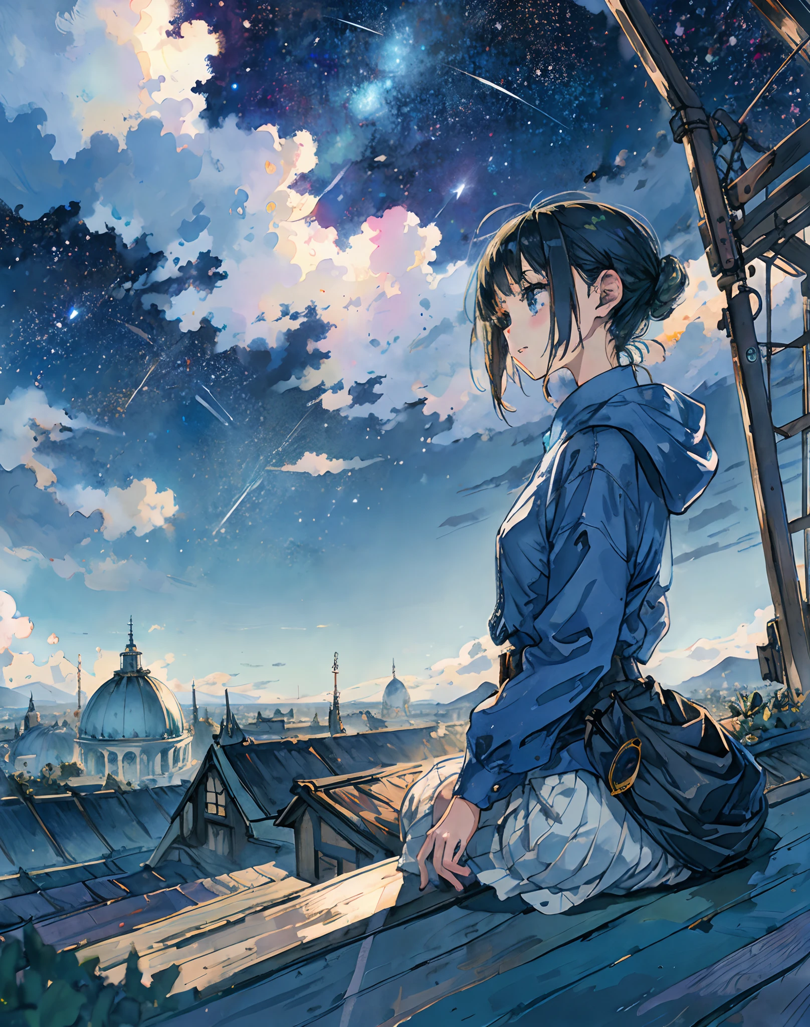 best quality, masterpiece, extremely detailed, detailed background, anime, 1girl, young girl, short girl, sci-fi, science fiction, outdoors, night, starry sky, greenhouse, megastructure, bio-dome, landscape, scenery, horizon, rooftop, sitting on rooftop, wind, looking away, atmospheric lighting, solo focus, close up, from side, depth of field, bokeh
