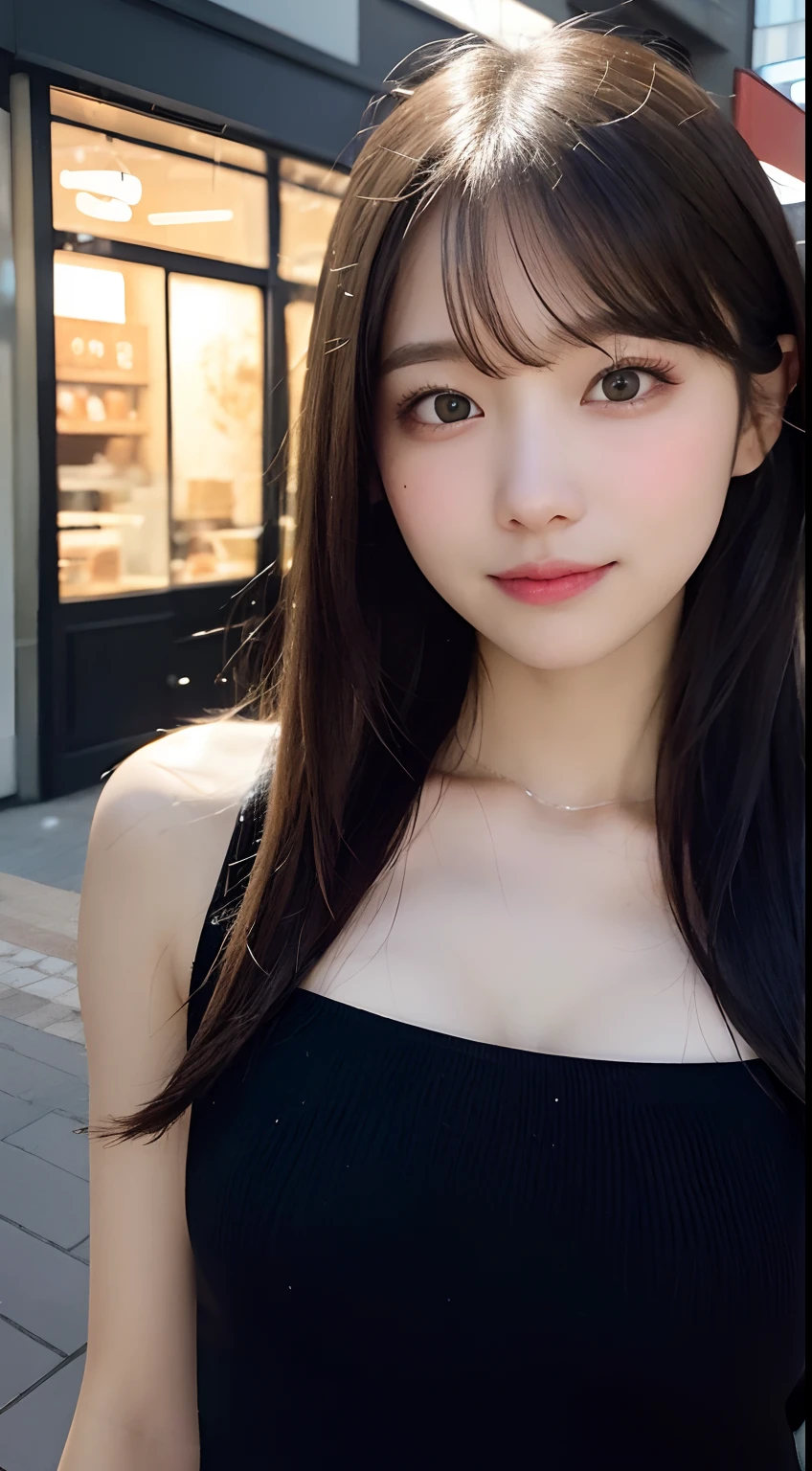((highest quality, 8k, masterpiece :1.3)), One girl, Perfect Face (masterpiece:1.3),Japanese、generation々Trees park background、Cleavage,double eyelid、H Cup、Black Hair、Delicate eyes、Tight black knit