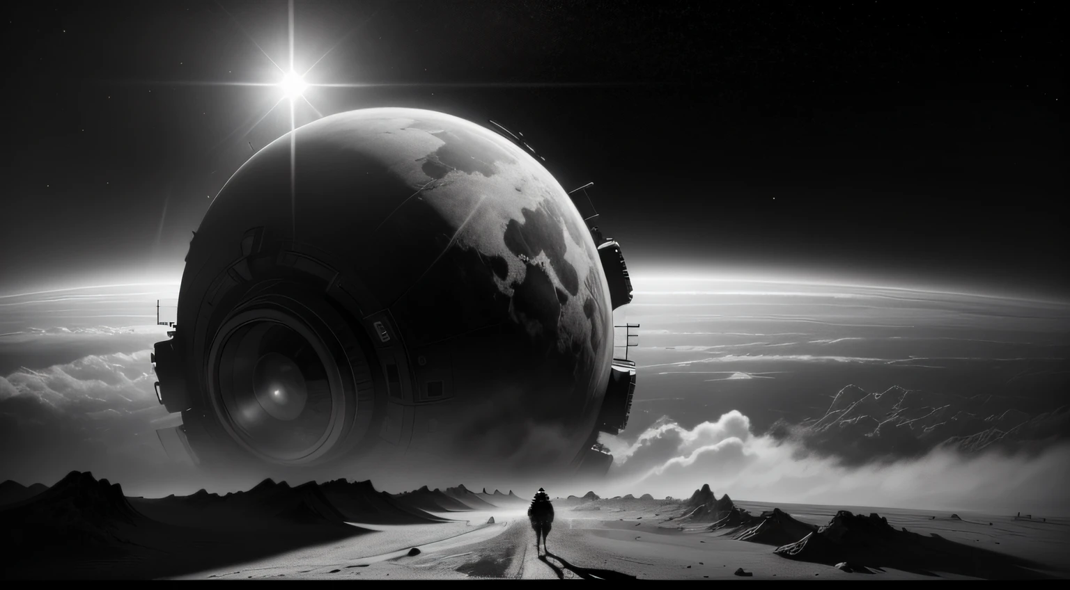 The camera is positioned in space, looking down on a dying Earth. The shot is captured using a high-resolution digital camera with a wide-angle lens, emphasizing the vastness and emptiness of space. The shot is treated with a gritty, high-contrast film look that adds to the stark and bleak atmosphere. The overall effect is inspired by the post-apocalyptic style of sci-fi artist Simon Stlenhag and documentary photographer Sebastio Salgado
