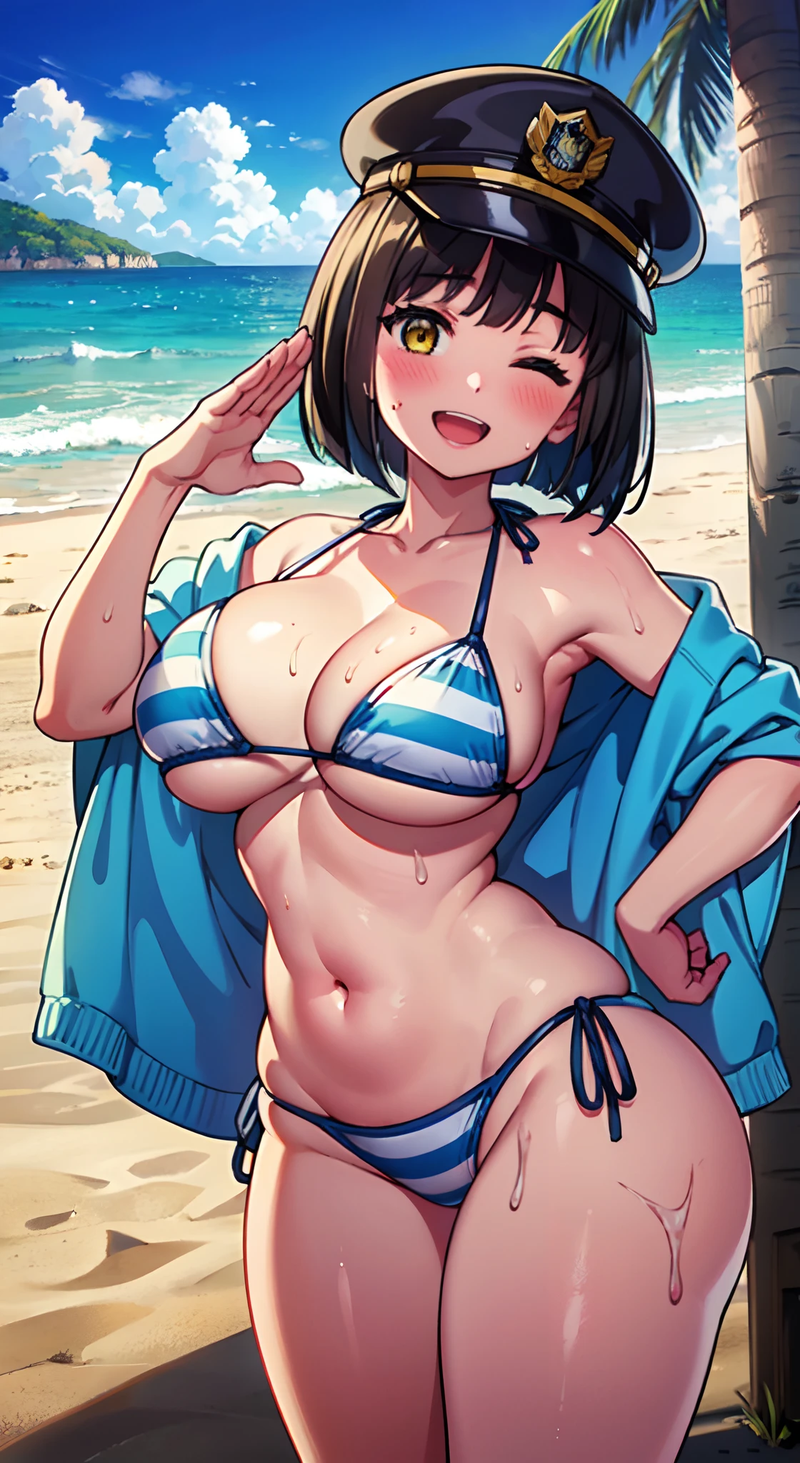 (Perfect body),Best Quality,(8K Portrait),(Official art)、(Police Hat)、embarrassed from、(((:D)))、(One eye is closed)、showing teeth、(((blush))),(Sweat),((((large udder))))、((((Big ass))))、(Dark hair),((bob cuts)), blush,Short hair, (Yellow eyes),(((thick thighs)))、(((Blue Stripe Bikini)))、adult  woman、Right-handed salute、Left hand on hip、(the beach)、