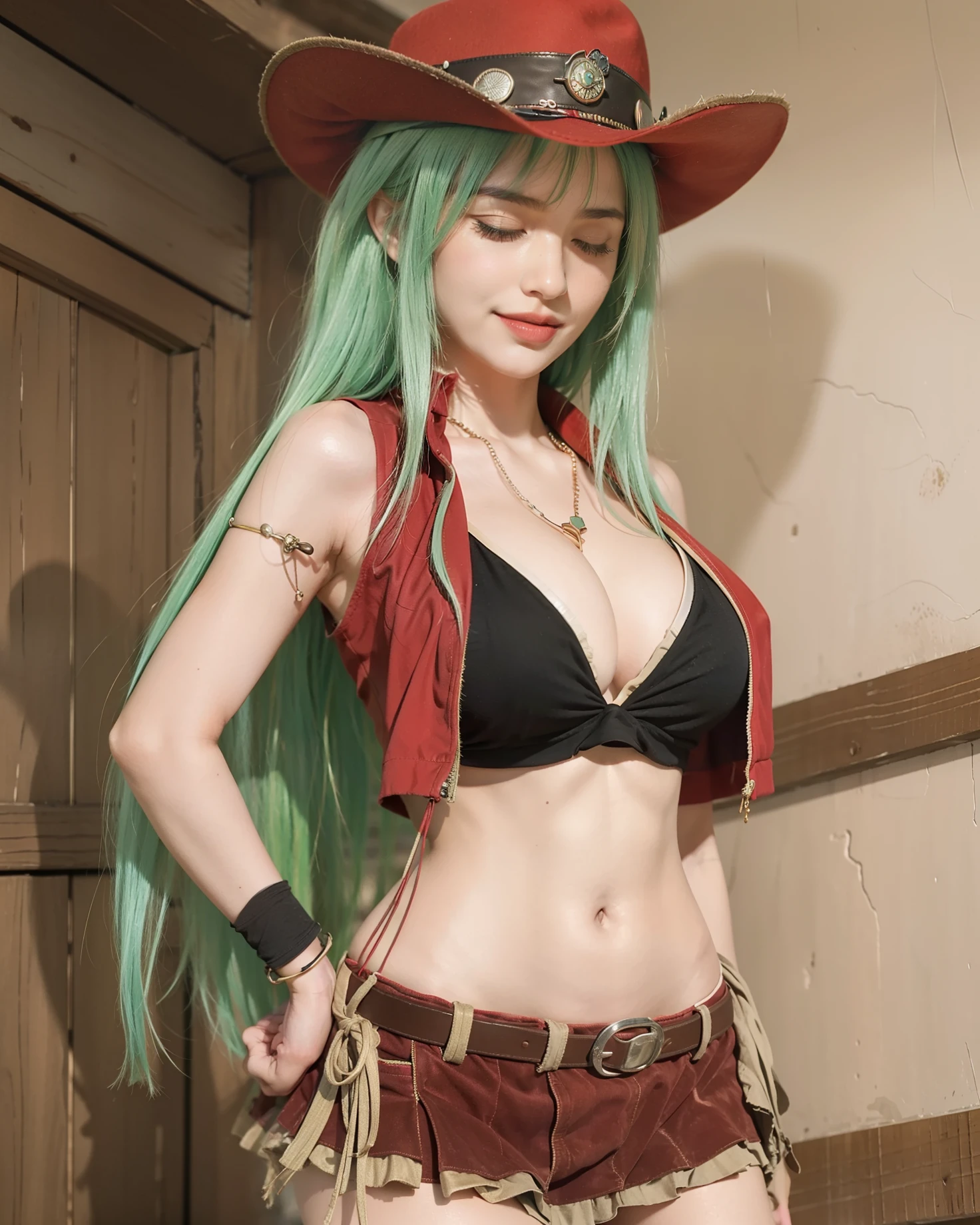 (female:1.2), 8k, ultra hd, ultra detailed texture, hyper realistic, masterpiece, detailed texture, detailed face, detailed skin, detailed lighting, (photorealistic:1.5), best quality, beautiful lighting, cinematic lighting, professional lighting, ultra highres, realistic, detailed hair, real hair, high quality, (realskin:1.5), extremely detailed, finely detail, ultra-detailed, 1girl, green hair, closed eyes, large breasts, cleavage, navel, smile, open mouth, belt, midriff, bare shoulders, bangs, open vest, red vest, very long hair, red hat, cowboy hat, miniskirt, red headwear, cowboy shot, collarbone, thighhighs, makeup, standing, armband, crop top, sleeveless, cropped vest, lipstick, bracelet, stomach, bikini top, blunt bangs, cowboy western, old house, red skirt