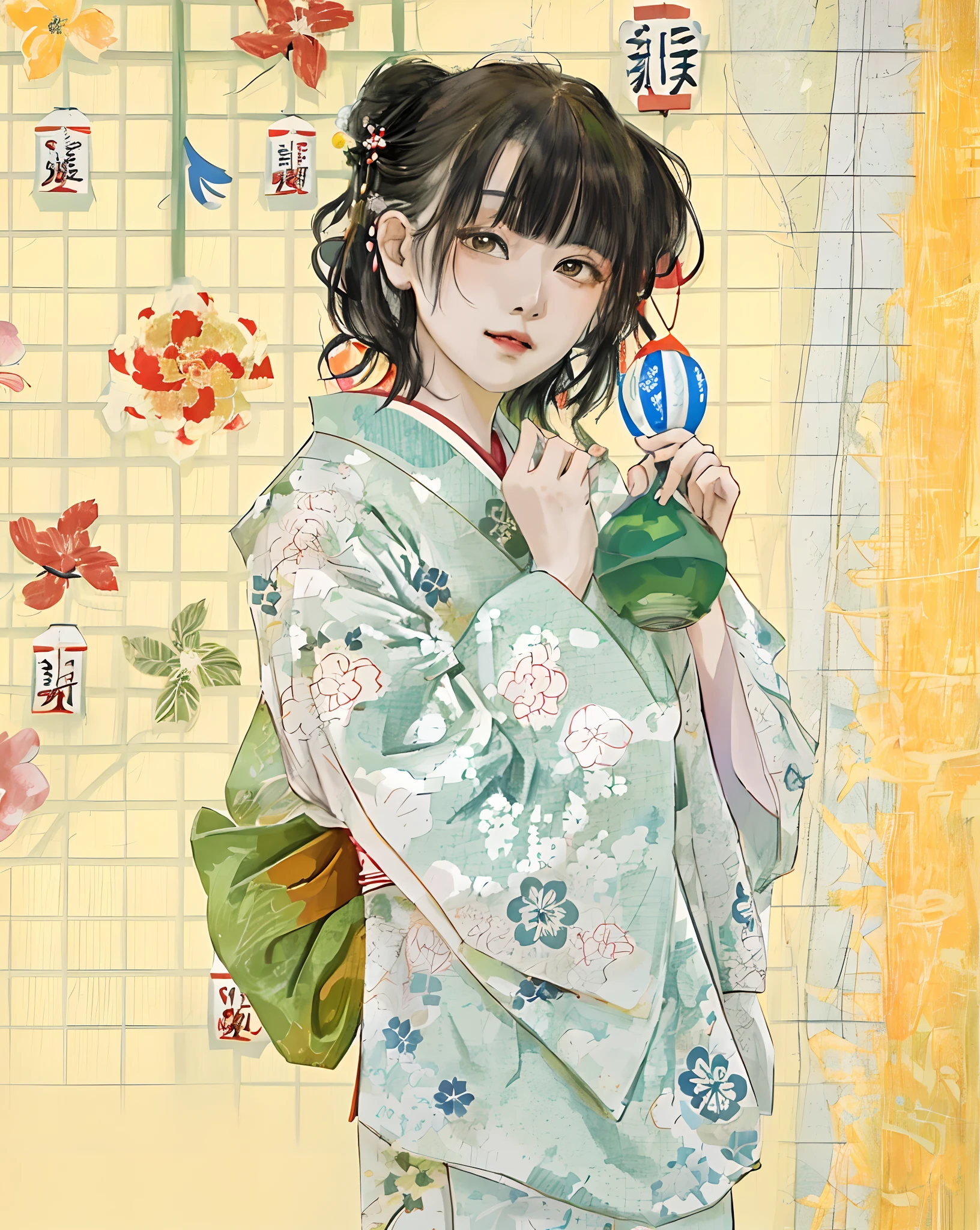 there is a woman in a kimono standing in front of a wall, pale and coloured kimono, in kimono, yukata clothing, shikamimi, wearing a haori, wearing kimono, kimono, classy yukata clothing, white hime cut hairstyle, japanese clothes, in a kimono, japanese kimono, sakimichan, white hanfu, wearing a kimono