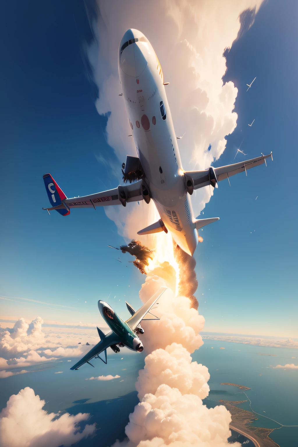 two commercial air planes colliding into each other in the mid air
