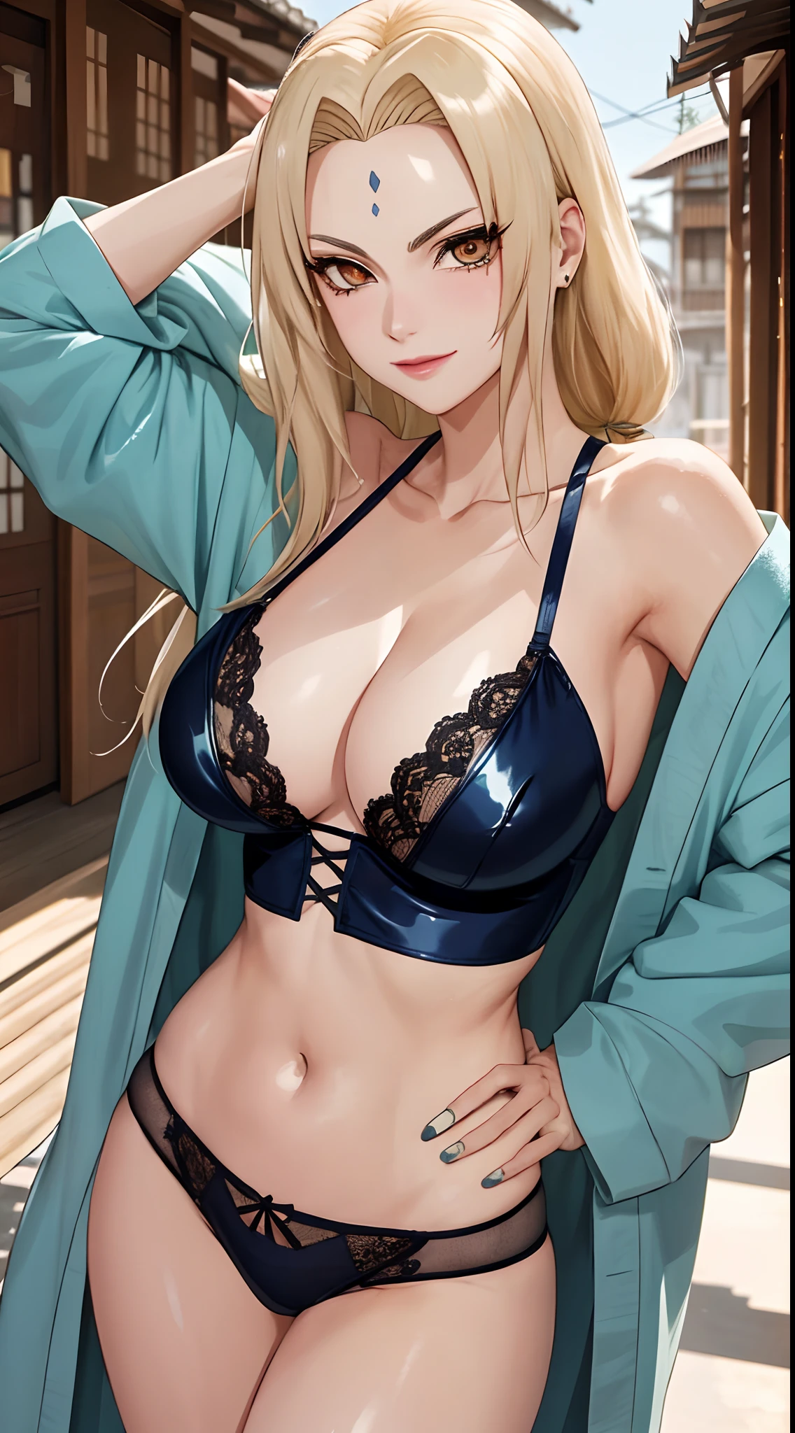 Tsunade Senju, Bela, obra prima, extremamente detalhado, melhor qualidade, best ilumination, melhor sombra, rosto perfeito, olhos castanhos brilhantes, marca azul na testa, (usando um lingerie de latex), 1 girl, sexy, peitos grandes, bunda grande, inclinada pra frente olhando para o expectador, em konoha,