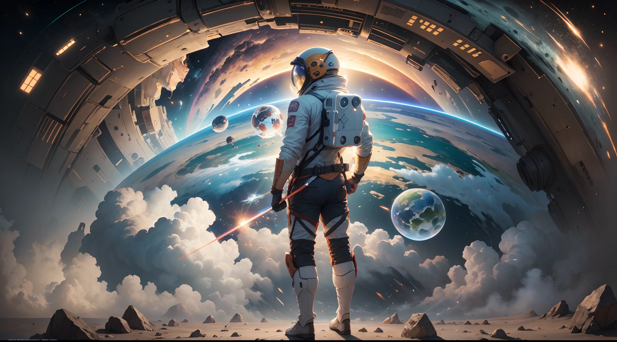 ((tmasterpiece)), (best qualityer)), 8K, high detal, hyper-detailing, The painting depicts a breathtaking scene of magnificent spatial imagery. The picture shows Luke Skywalker wearing a spacesuit, rear facing, Looking at a bright red planet in space. The scene is highly-detailed，Clarity is extraordinary, Capture every intricate detail of the panorama.