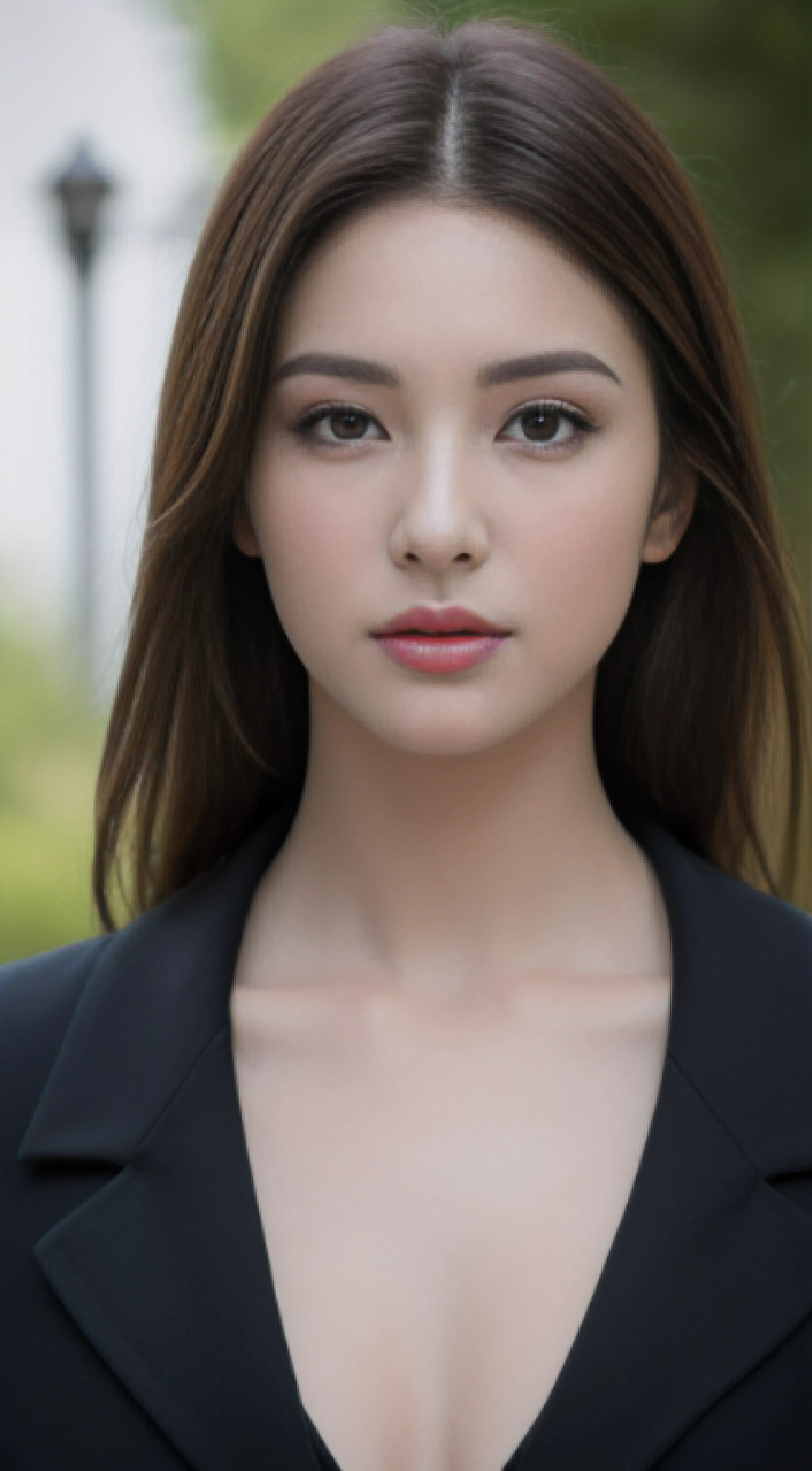 ((Realistic lighting, Best quality, 8K, Masterpiece: 1.3)), Clear focus: 1.2, 1girl, Perfect Figure: 1.4, Slim Abs: 1.1, ((Dark brown hair)), (black coat and black pants : 1.4), (outdoor: 1.1), , Super fine face, Fine eyes, Double eyelids, full body portrait