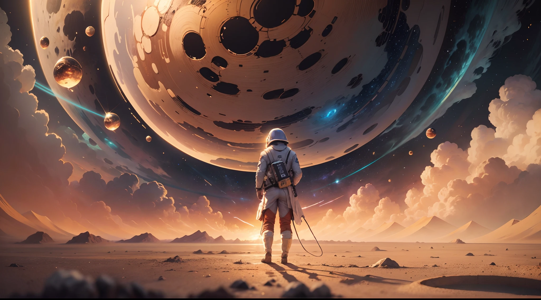 ((Obra-prima)), (Melhor Qualidade)), 8K, alto detalhe, hiper-detalhe, The painting depicts a scene of breathtaking magnificent spatial imagery. A imagem mostra Luke Skywalker vestindo um traje espacial, rear facing, Looking at a bright red planet in space. Scenes are extremely detailed and the clarity is extraordinary, capturando cada detalhe intrincado do panorama.