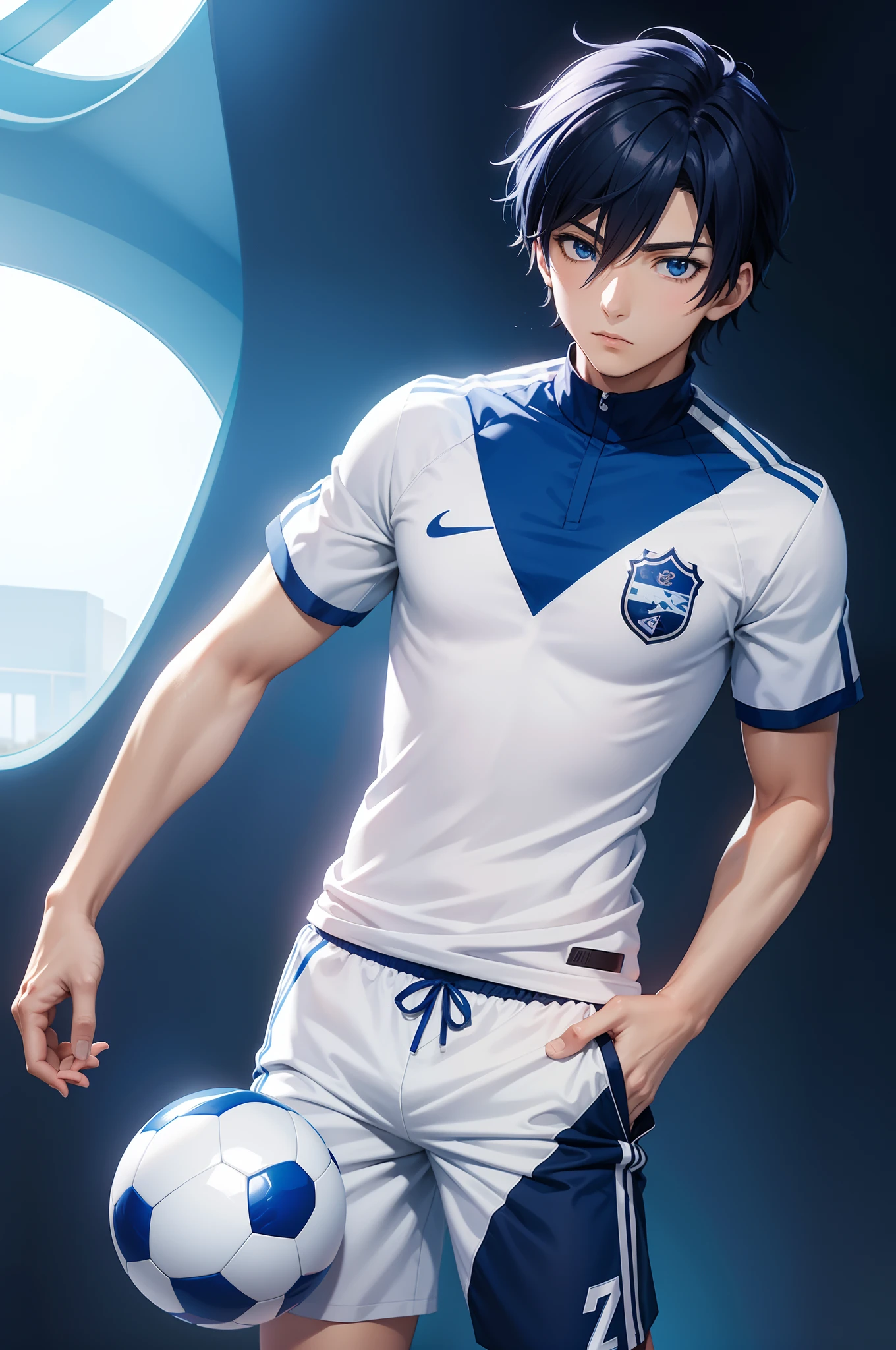 Anime - imagem de estilo de um homem em um uniforme azul com uma bola de futebol