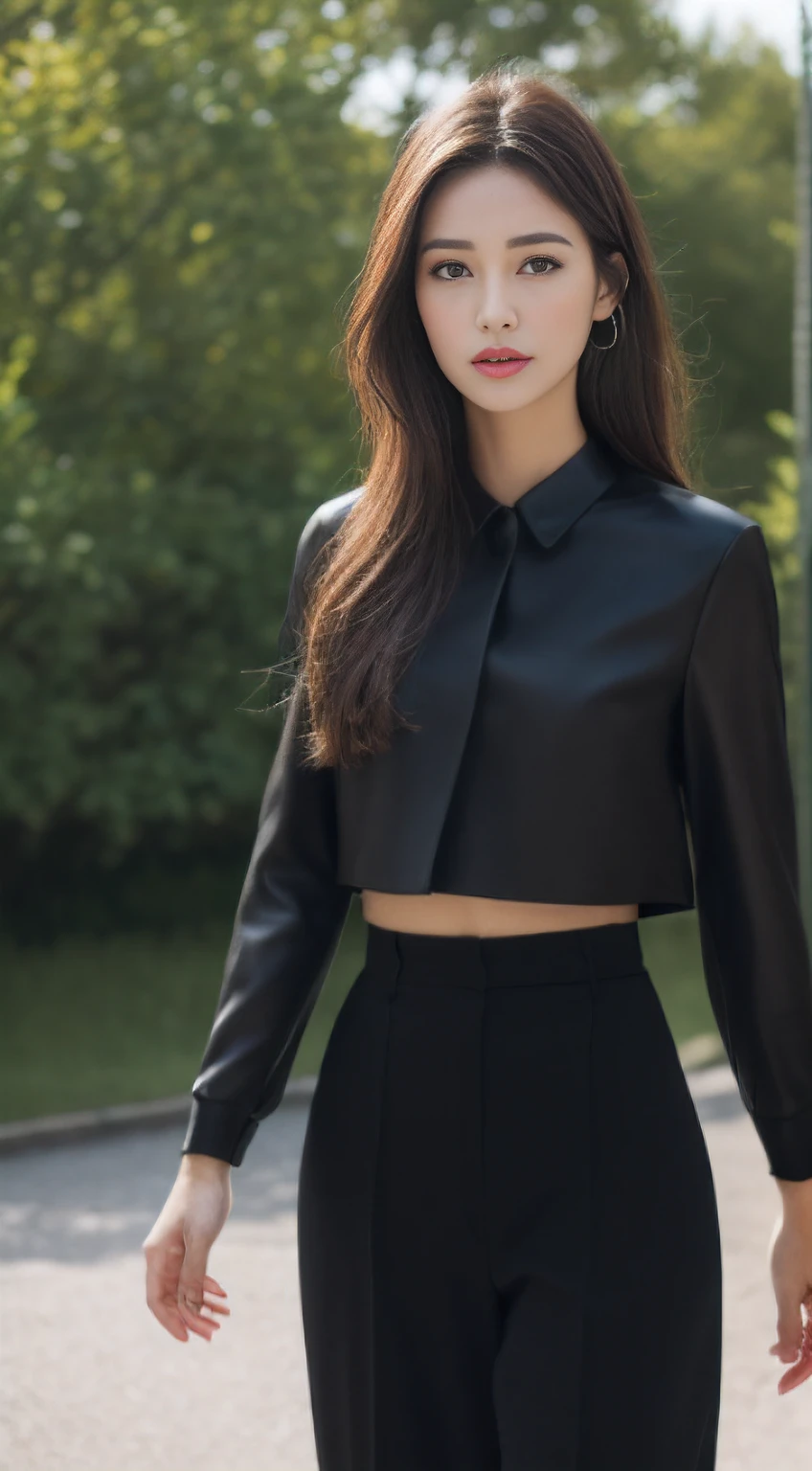 ((Realistic lighting, Best quality, 8K,full body portrait, Masterpiece: 1.3)), Clear focus: 1.2, 1girl, Perfect Figure: 1.4, Slim Abs: 1.1, ((Dark brown hair)), (black coat and black pants : 1.4), (outdoor: 1.1), , Super fine face, Fine eyes, Double eyelids,