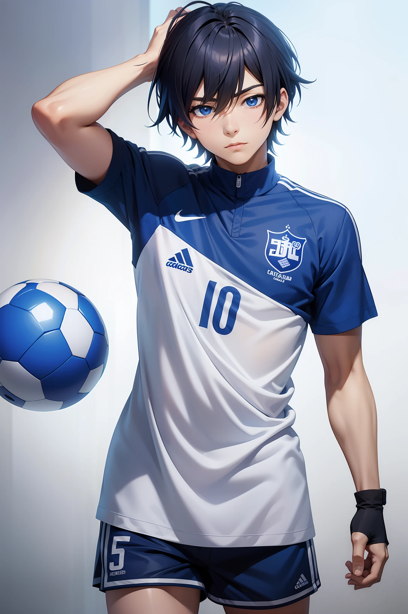 Anime - imagem de estilo de um homem em um uniforme azul com uma bola de futebol