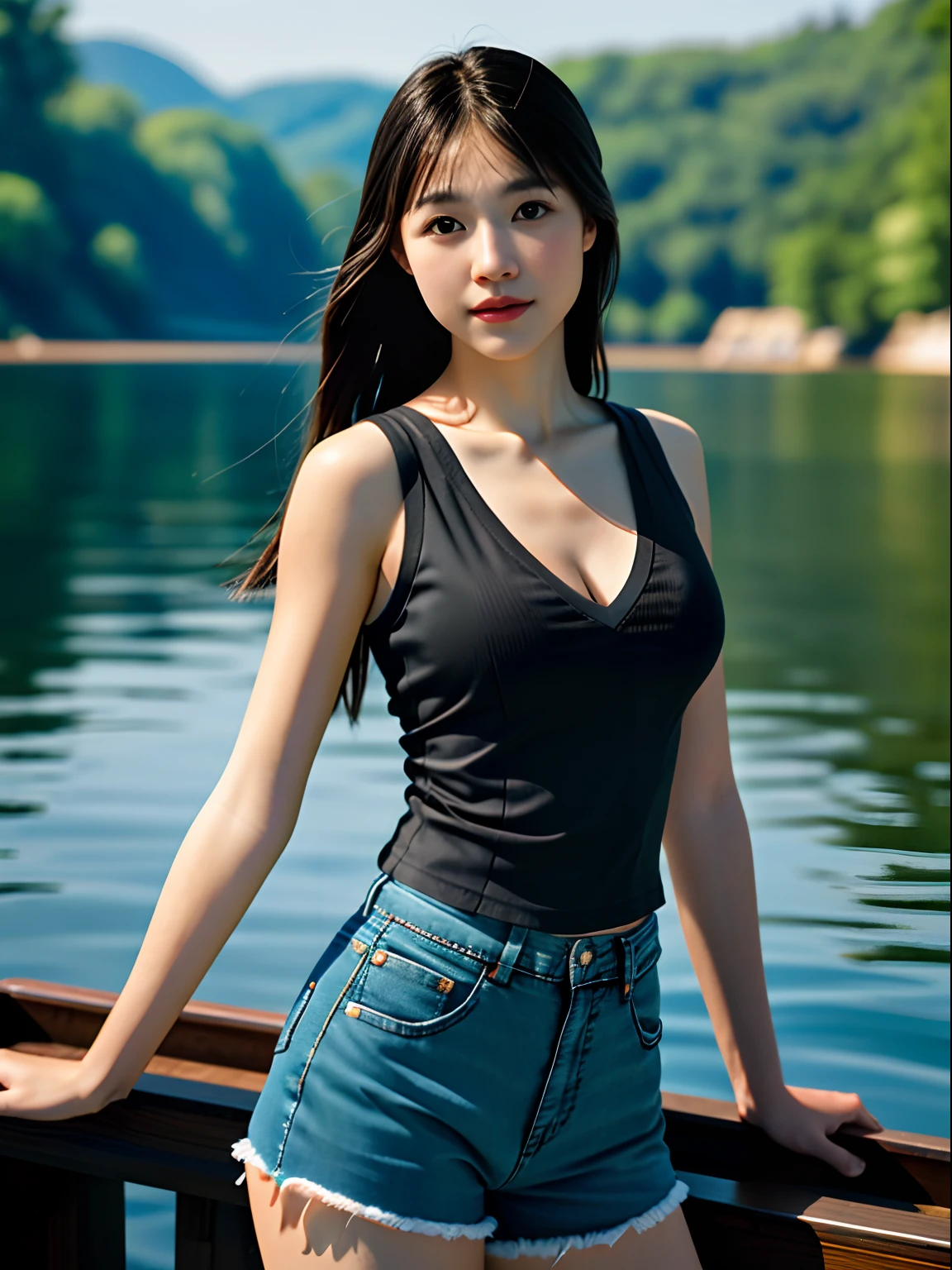 On lake background,rowing,depth of fields,The light drops,Medium shot,
1 girl in a deep V vest and shorts of jeans,Black eyes,photography of,(full bodyesbian), tmasterpiece, best qualtiy, A high resolution, realistic detail, Glowing skin, Mature figure, Voluptious body, crisp breasts, rich colourful, hyper realisitc, dynamicposes, dynamic angle,k hd,