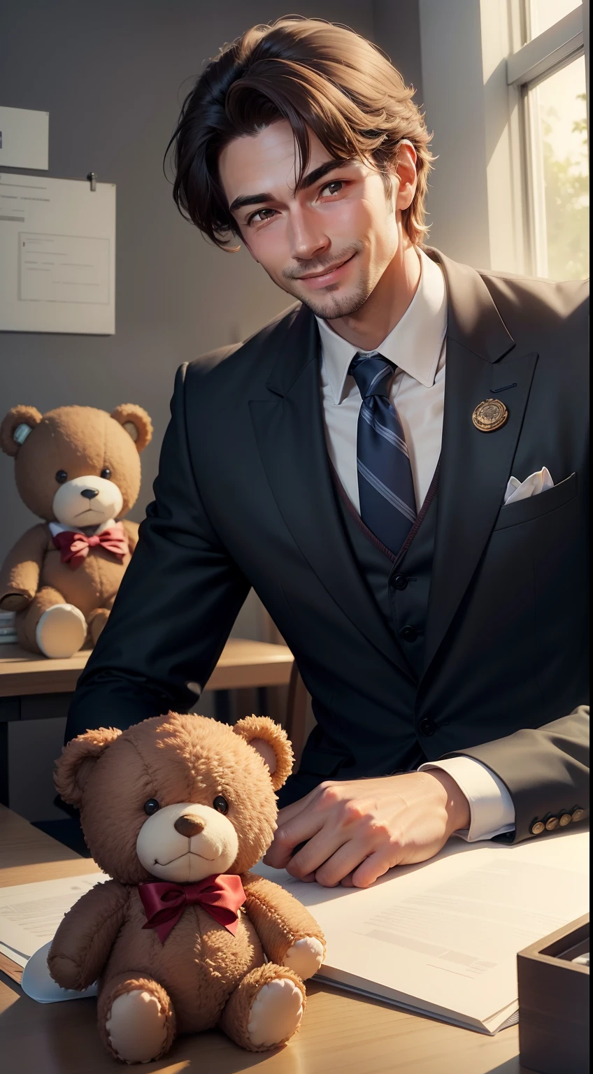 Rich male boss sitting at desk,The expression is smiling,There are teddy bears on the table
