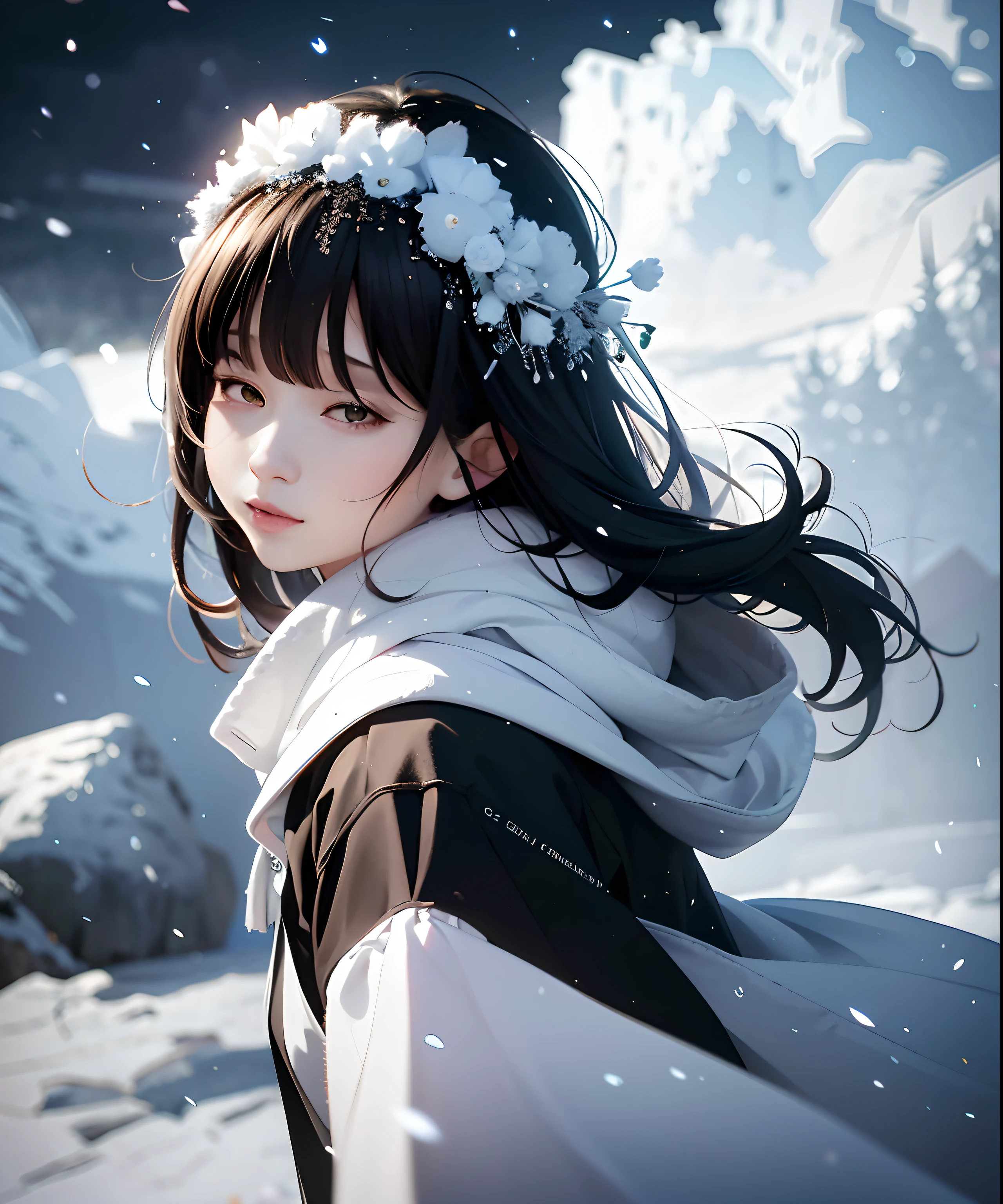 Anime girl with white flowers in hair and black and white costumes, Guviz-style artwork, a beautiful anime portrait, Guviz, Beautiful anime girl, inspired by Ma Yuanyu, up of young anime girl, Anime style. 8K, anime visual of a cute girl, style of anime4 K, 4K anime wallpaper, Anime wallpaper 4 k