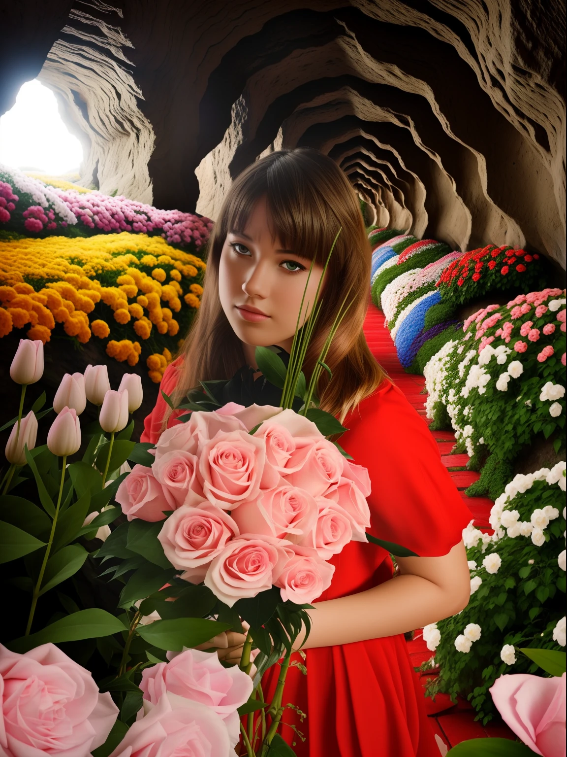 Beautiful street with flowers, cave, Cinematic, ultra high contrast, Deep Black, Sharp, contrasting shadows, To whom, Professional, Realistic, ISO 80, 70mm lens, Depth of field, 35mm film, Detailed colors with 32K resolution, Best Quality, Color explosion,