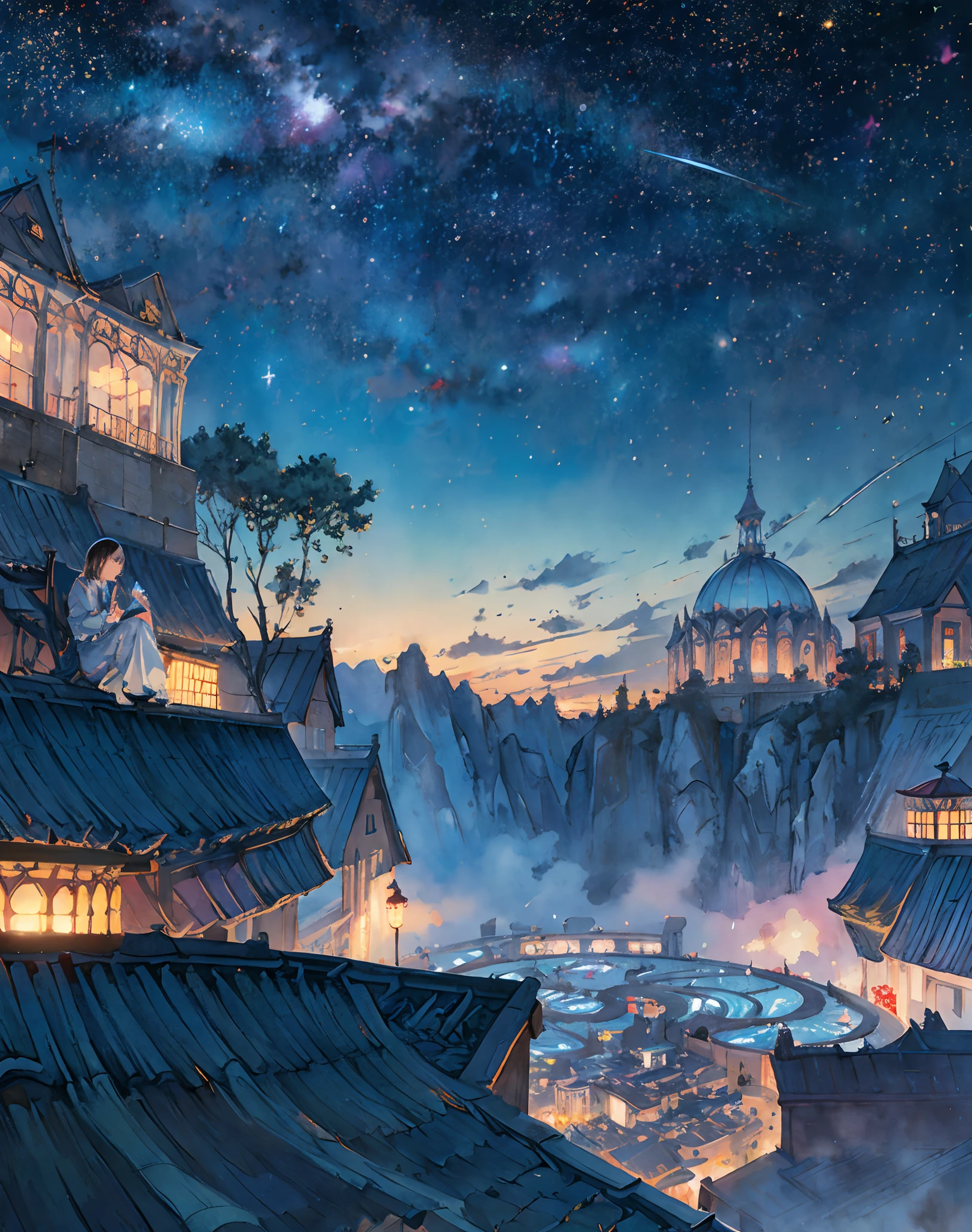 best quality, masterpiece, extremely detailed, detailed background, anime, 1girl, young girl, short girl, sci-fi, science fiction, outdoors, night, starry sky, greenhouse, megastructure, bio-dome, landscape, scenery, horizon, rooftop, sitting on rooftop, wind, looking away, atmospheric lighting, solo focus, close up, from side, depth of field, bokeh