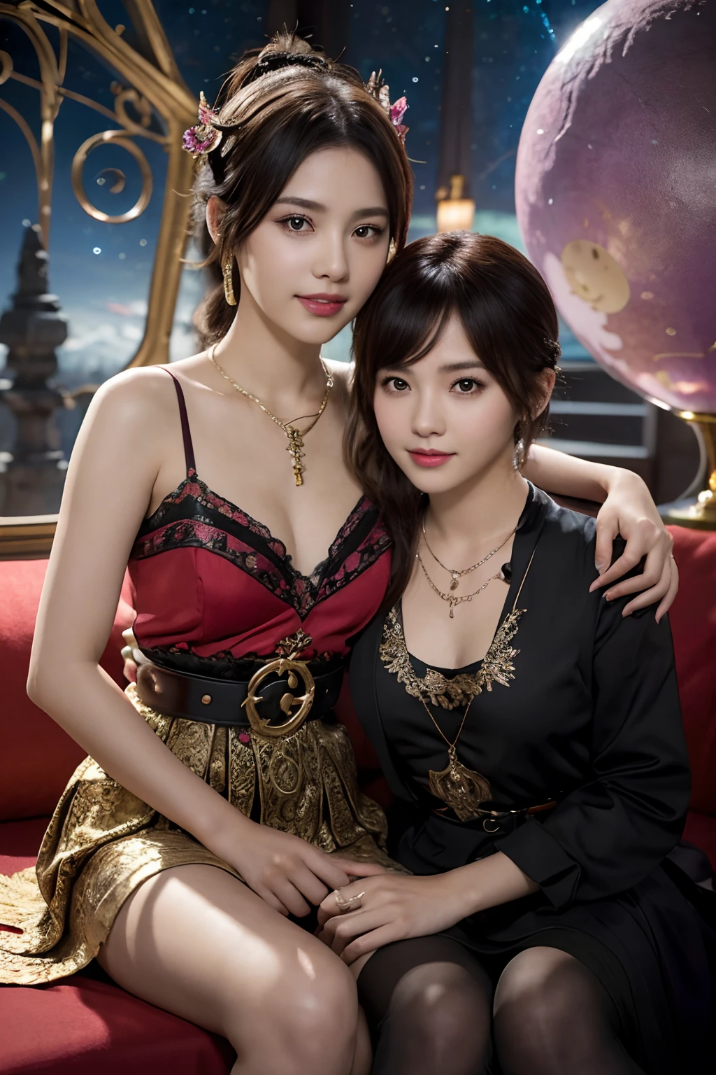 Smiling,Face focus,(alebrijes art style),fantastical world,fantasy,a couple of lesbians sitting together looking at the stars,lewd,leering:1.3,Masterpiece, Best quality, intricately details, absurderes,(ulzzang-6500-v1.1,pureeroface_v1,octane rendering),fantastical clothing,fantastical cosplayer,black hair,princess eyes,round pupils,fantastical necklaces,fantastical ribbons,fantastical rings,fantastical jewelry,fantastical coser,fantastical hair ornament,fantastical belt,