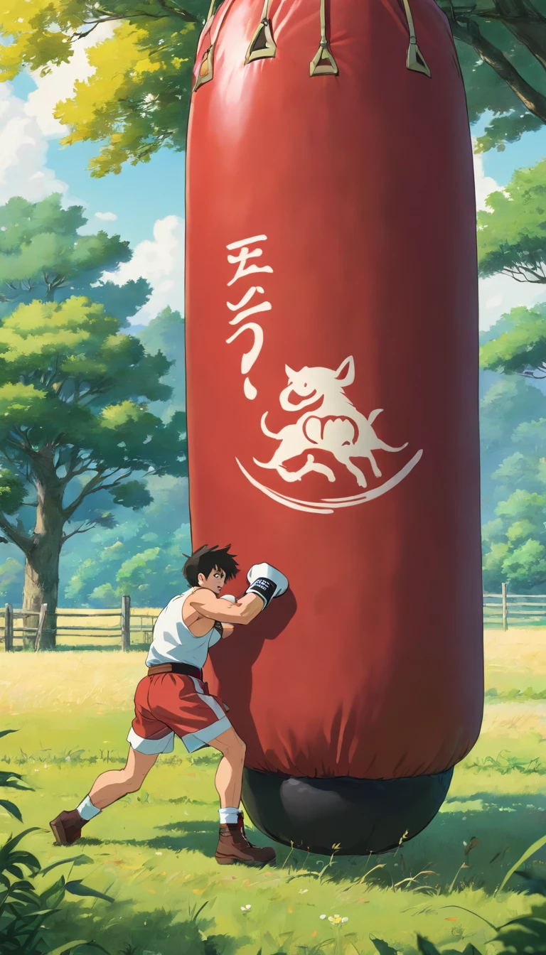 A boxer punch a punching bag alone at a field, A tree at the background