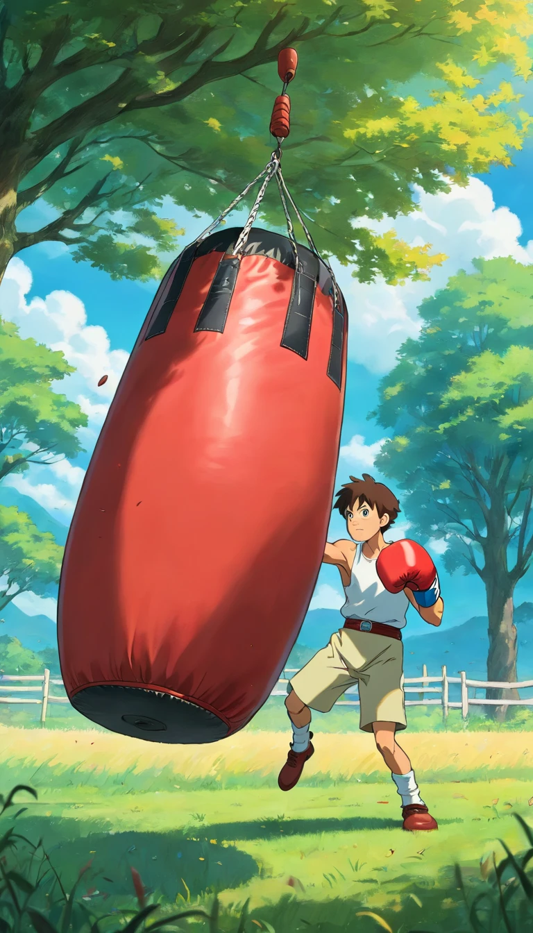 A boxer punch a punching bag alone at a field, A tree at the background