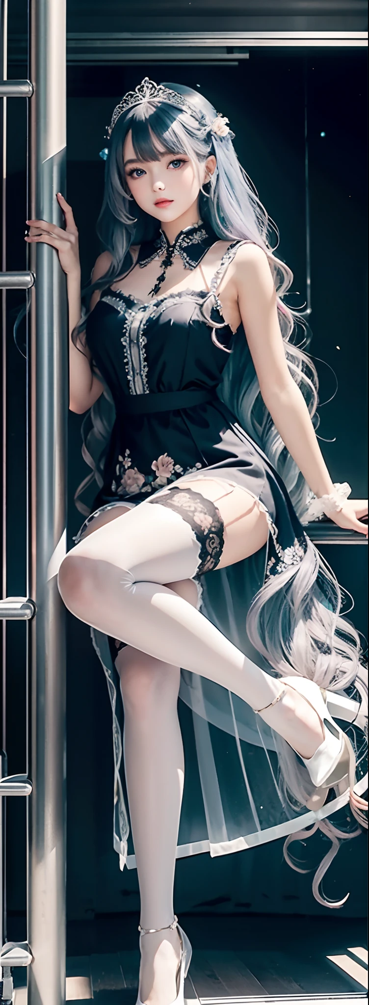 Long transparent dress,floral patterns,schoolgirls,wavy and long hair,blueneyes,Crystal hair accessories,Full body photo,Seductive expressions,Clear stockings,Sit on a ladder in the corner,16k high quality photos,360-degree viewing angle