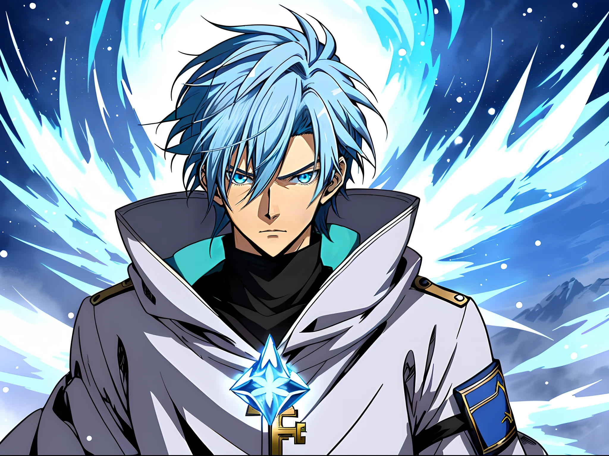 Anime characters with blue hair and blue eyes in snowy scenes, Ice Mage, Tall anime guy with blue eyes, Key anime art, male anime character, Detailed key anime art, full portrait of magical knight, Blue and ice silver coat, with ice powers