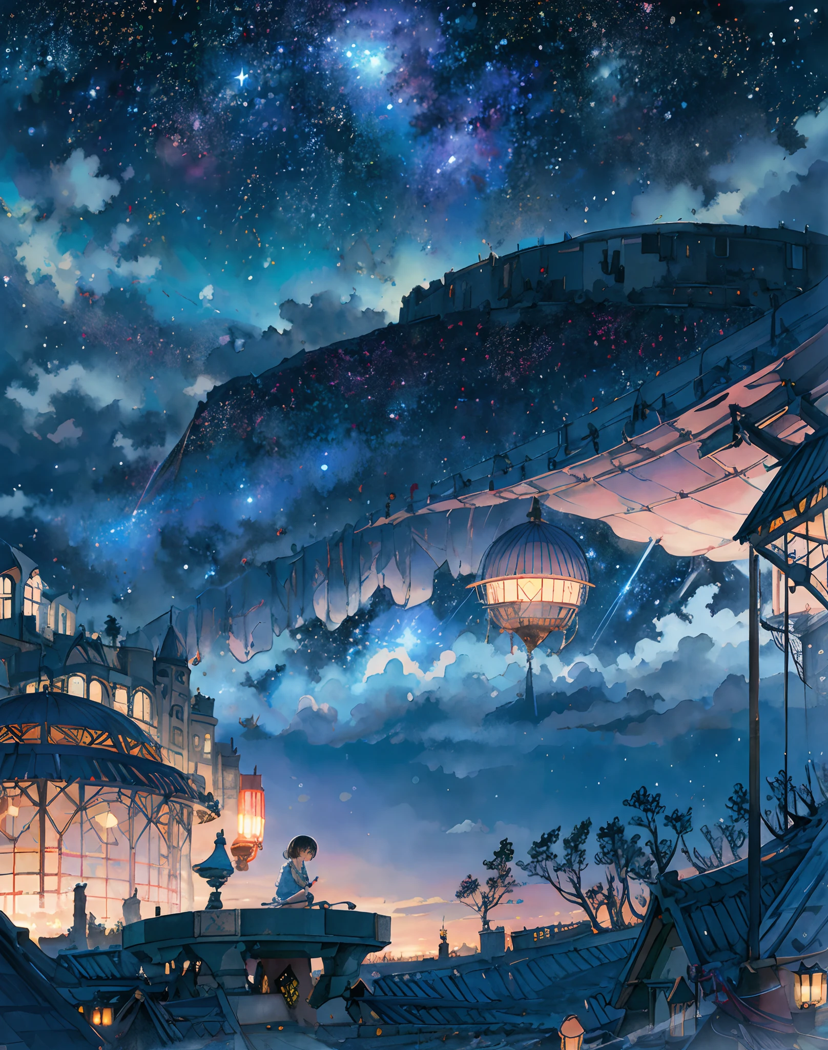 best quality, masterpiece, extremely detailed, detailed background, anime, 1girl, young girl, short girl, sci-fi, science fiction, outdoors, night, starry sky, greenhouse, megastructure, bio-dome, landscape, scenery, horizon, rooftop, sitting on rooftop, wind, looking away, atmospheric lighting, solo focus, close up, from side, depth of field, bokeh