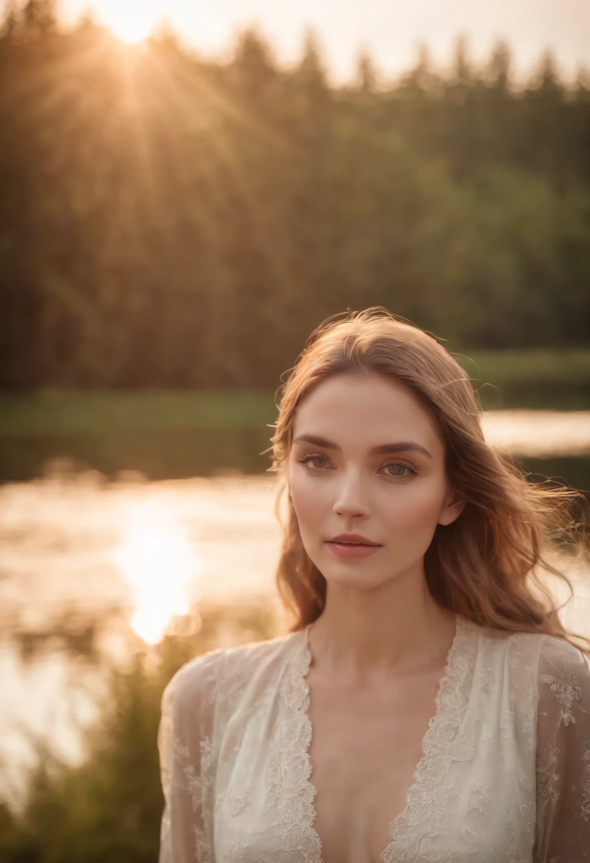 **SCENE: Standing at the edge of a serene lake, the model's face is bathed in the soft glow of the setting sun, casting delicate lens flares across the frame. The shallow depth of field and bokeh lights in the distance create a mystical ambiance. Shot with a Leica M Monochrom camera and a vintage lens, the image evokes a sense of ethereal tranquility and natural beauty. --q 2 --s 750 --style raw**