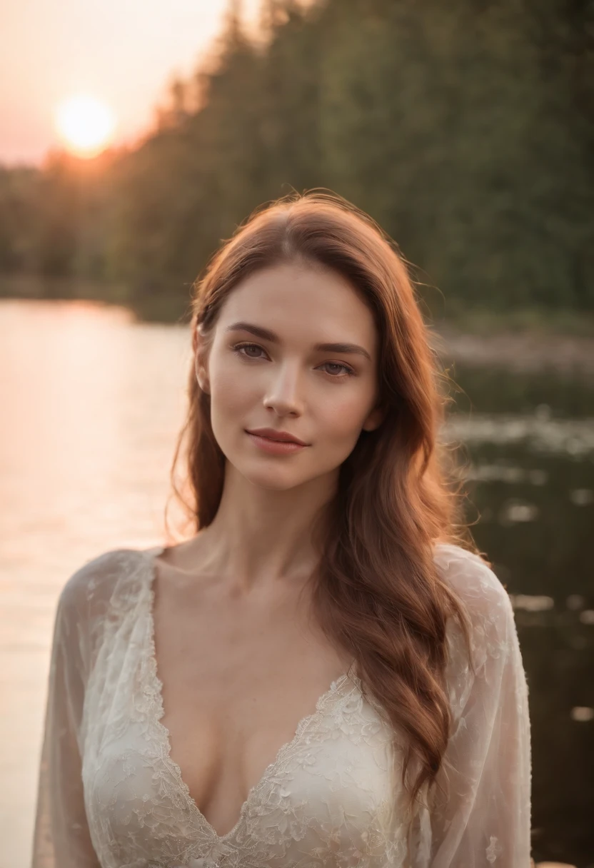 **SCENE: Standing at the edge of a serene lake, the model's face is bathed in the soft glow of the setting sun, casting delicate lens flares across the frame. The shallow depth of field and bokeh lights in the distance create a mystical ambiance. Shot with a Leica M Monochrom camera and a vintage lens, the image evokes a sense of ethereal tranquility and natural beauty. --q 2 --s 750 --style raw**