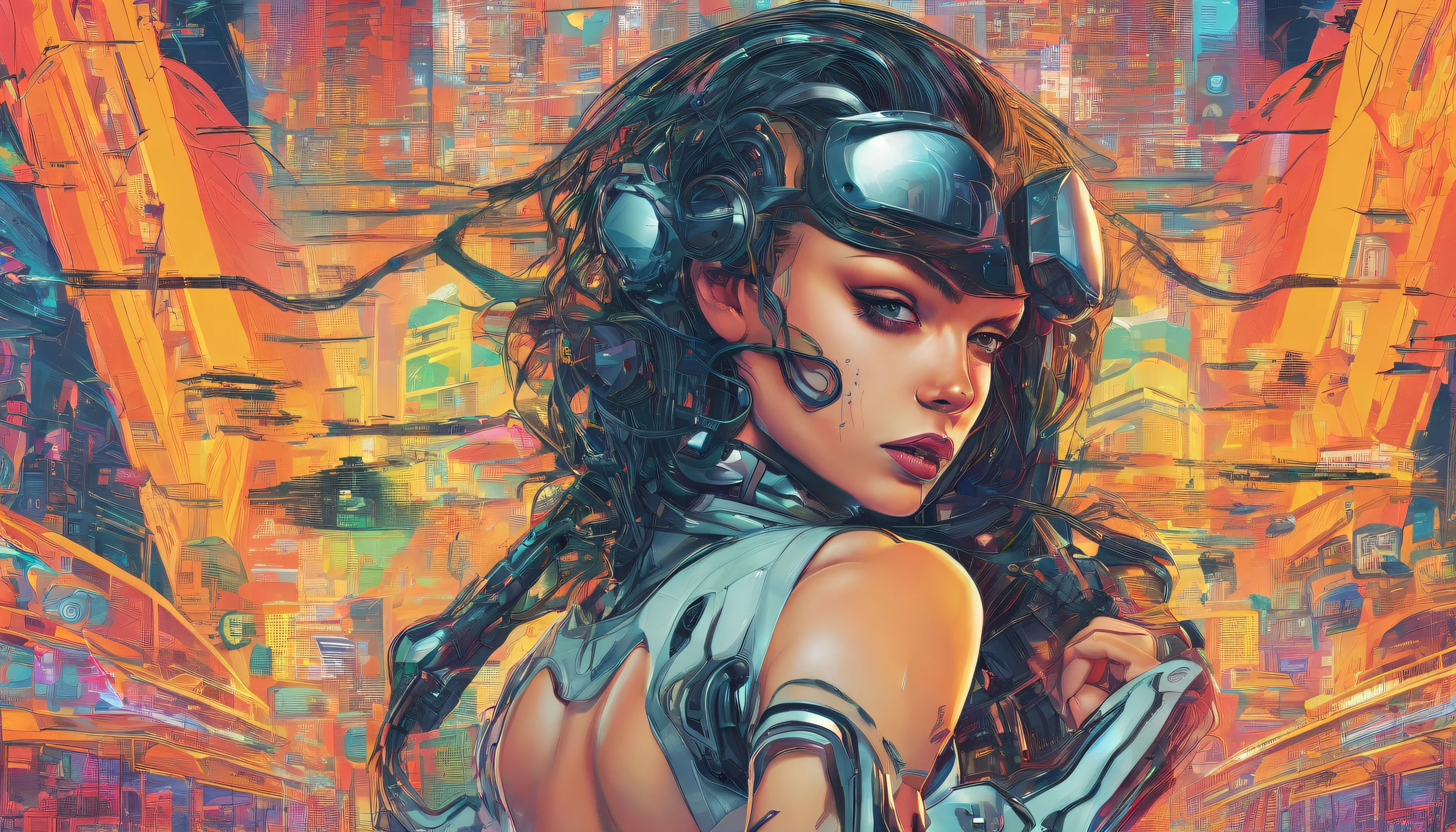 In a futuristic metropolis, Cyborg Woman, Her clothes were torn to shreds, Standing against the backdrop of towering holographic billboards, In a sea of bustling crowds, It shows the fusion of man and machine in the cyberpunk world., digital art, High-resolution rendering,