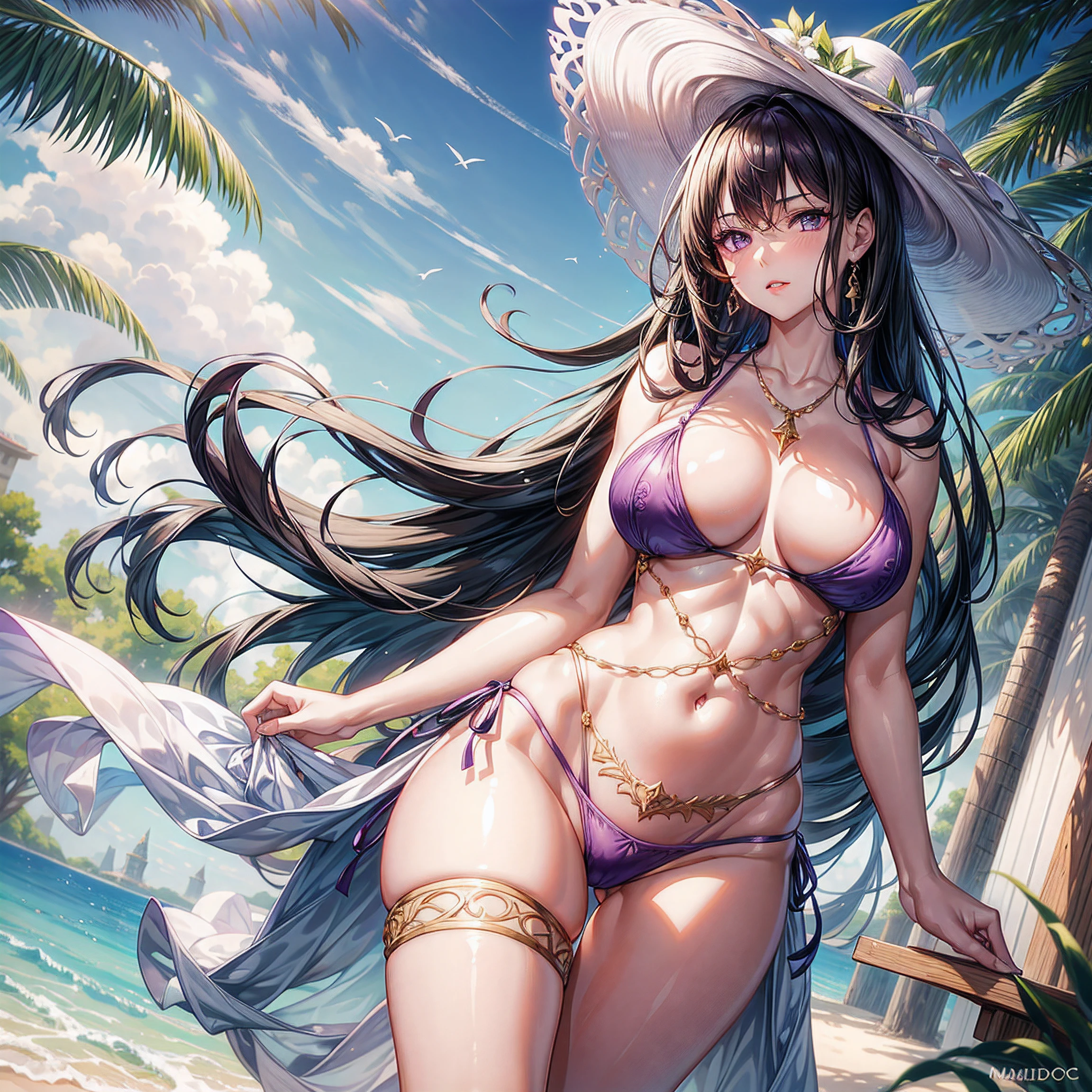 1girl, beautiful, athletic body, curvy, (shiny skin:1.3), pale skin, 
glamour, candid, large format, soft natural lighting, dutch angle, (high quality:1.4), high res, intricate details,  masterpiece.
mary, purple eyes, dress side tie bikini, sun hat, necklace, jewelry, thigh strap