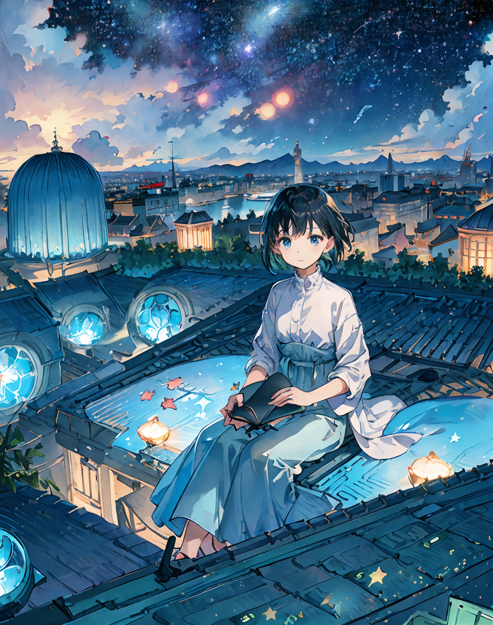 best quality, masterpiece, extremely detailed, detailed background, anime, 1girl, young girl, short girl, sci-fi, science fiction, outdoors, night, starry sky, greenhouse, megastructure, bio-dome, landscape, scenery, horizon, rooftop, sitting on rooftop, wind, looking away, atmospheric lighting, solo focus, close up, from side, depth of field, bokeh