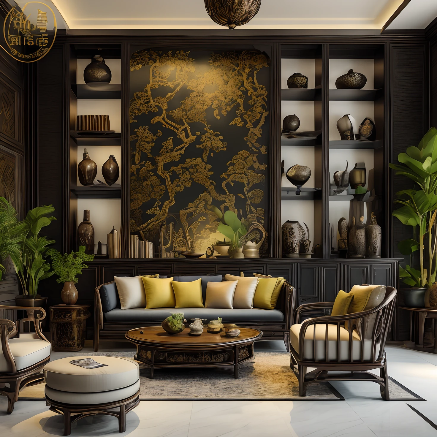 (( masterpiece)) (( ultral realistic)) (( sharp forcus)) (( high detail)) livingroom in indochina style,china , vietnam, black wooden furniture, wallpaper, patent,glossy, ceramic tiles floor,