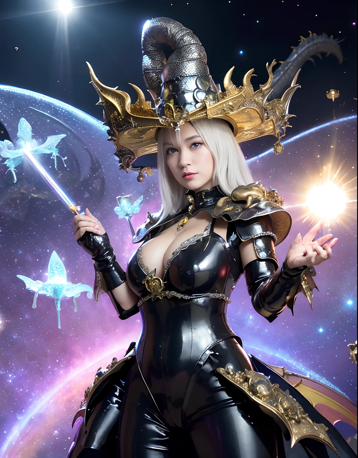 ((World of Darkness)),Professional , ​masterpiece、top-quality、photos realistic , depth of fields 、(((With a magic wand of gems))),（Dragon White Metal Body:1.9),(latexsilver-blue、（cleavage of the breast）（Fight dragons）、、(((Particles of light))),（Micro Bikini Armor:1.7),Gorgeous gold weapons ,（Fight dragons）、Seductive look、（blood splattere、（(((With a magic wand))), ） , (((Wearing a black latex wizard hat))),（demonic wings）   ,（（a blond））、（Castle background）、（（Gangle's forest background））、Beautiful Caucasian beauty、１a person、dynamic ungle,(((Detailed and ornate dragon wizard hat)))、Smaller head、A smile、Castle background、Thin and beautiful female hands、cleavage of the breast、Soldier in iron armor on background、Mystical expression、Light Effects、intense fighting、Wind-effect、magic circles、With the legendary magic wand、Dragon's tail、explosions、Toostock、Toostock、