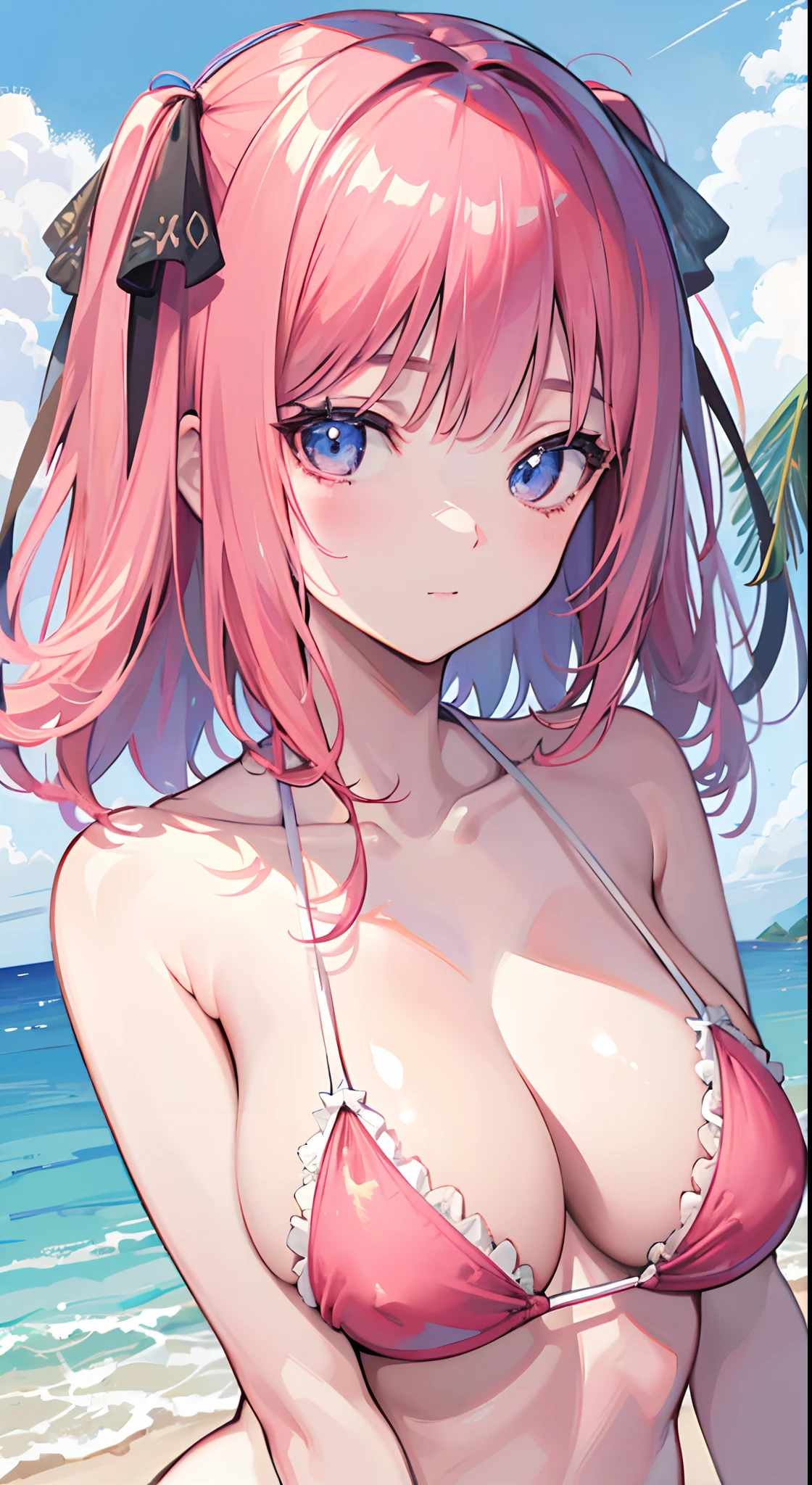 ((masterpiece:1.4, best quality)), (ultra-detailed), (ultra-detailed eyes), (ultra-detailed), (illustration), (image_distinct), (detail_intricate), (delicate illustration), anime girl, alone, pink hair, happy look, bikini, at the beach,