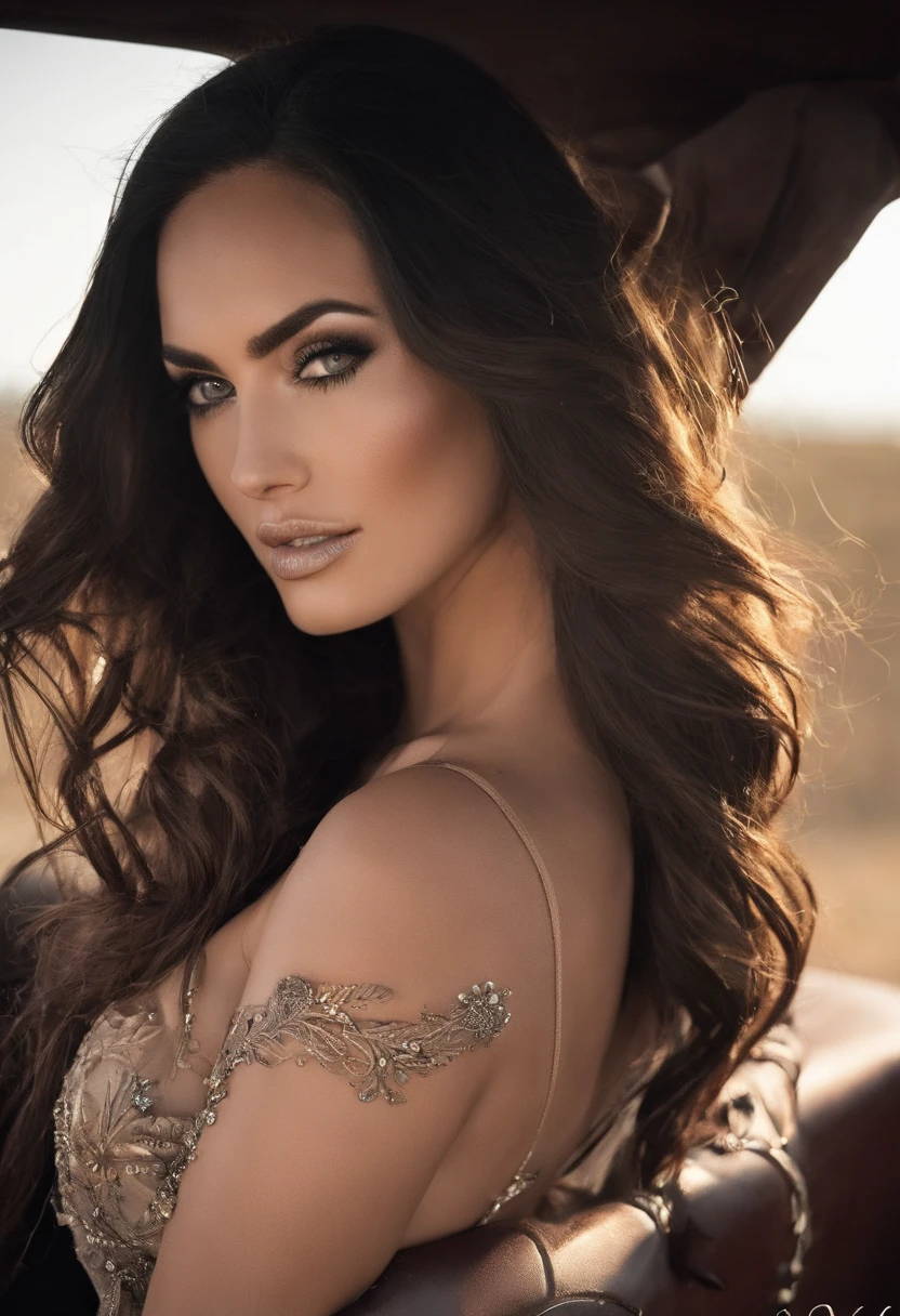 Megan Fox | (bonito e arrojado, sedutor e atraente, olhos azuis, seios pontiagudos, longos cabelos negros encaracolados, corpo suado, camisa aberta, calcinha branca transparente, no-bra , pernas grossas, middle boobs, Rapariga, rosto jovem, corpo sexy, middle boobs, bumbum grande). (Estrada deserta, dirt road, sangue, smoke billowing, carros abandonados, Jornais, objetos abandonados, bodies lying on the ground, estrada abandonada, apocalyptic scenery, cinematographic effect), (melhor qualidade, master part, profundidade de campo, Full HD, 4k, riqueza de detalhes). Estilo Retrato, big naked boobs, nsfw, nude