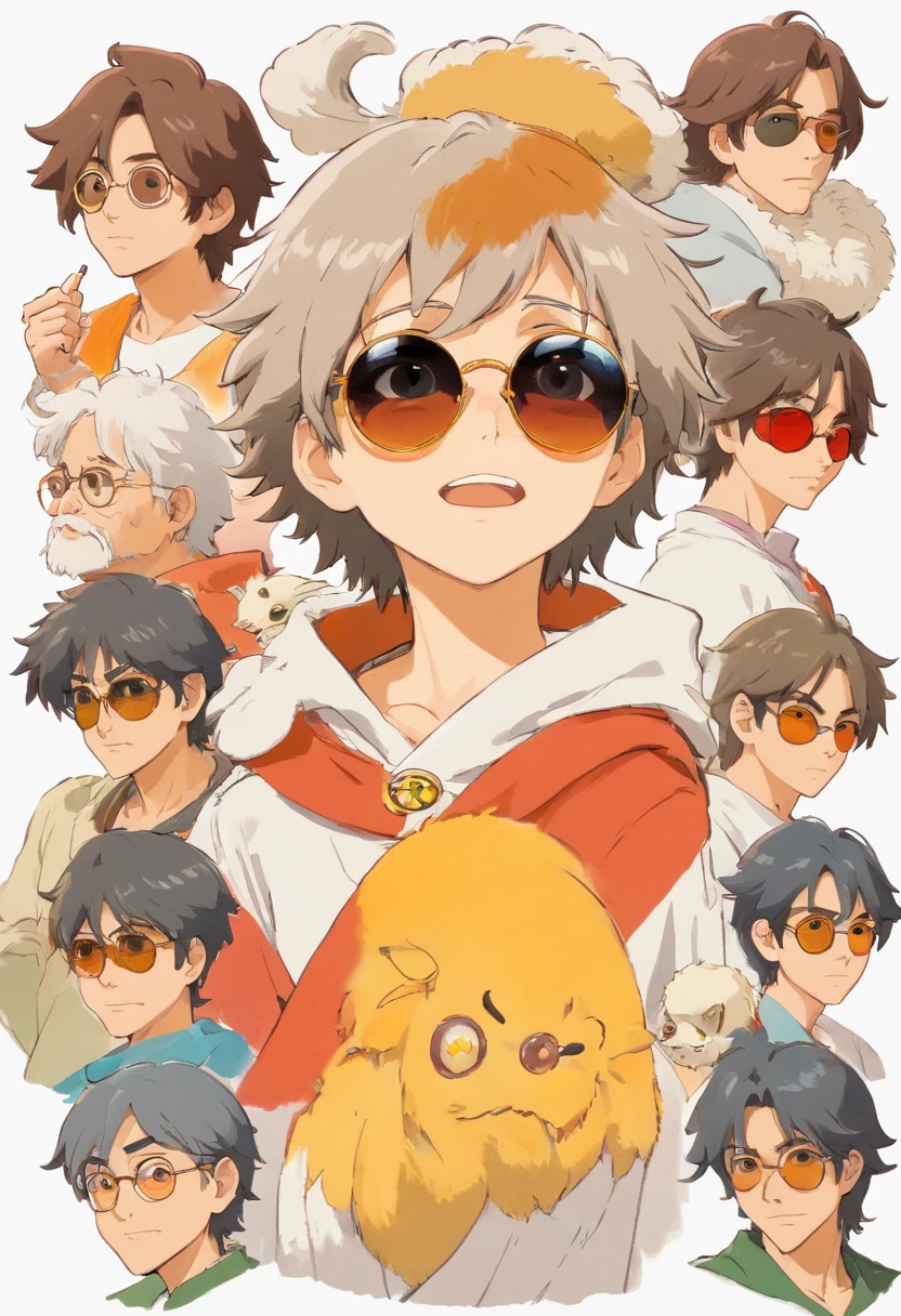 Um homem de 22 anos, cabelos brancos, cabelos curtos nas laterais mais longos na frente, Front view, fundo branco, anime, sunglasses, estilo cartoon, expression sheet face,Expression Sheet