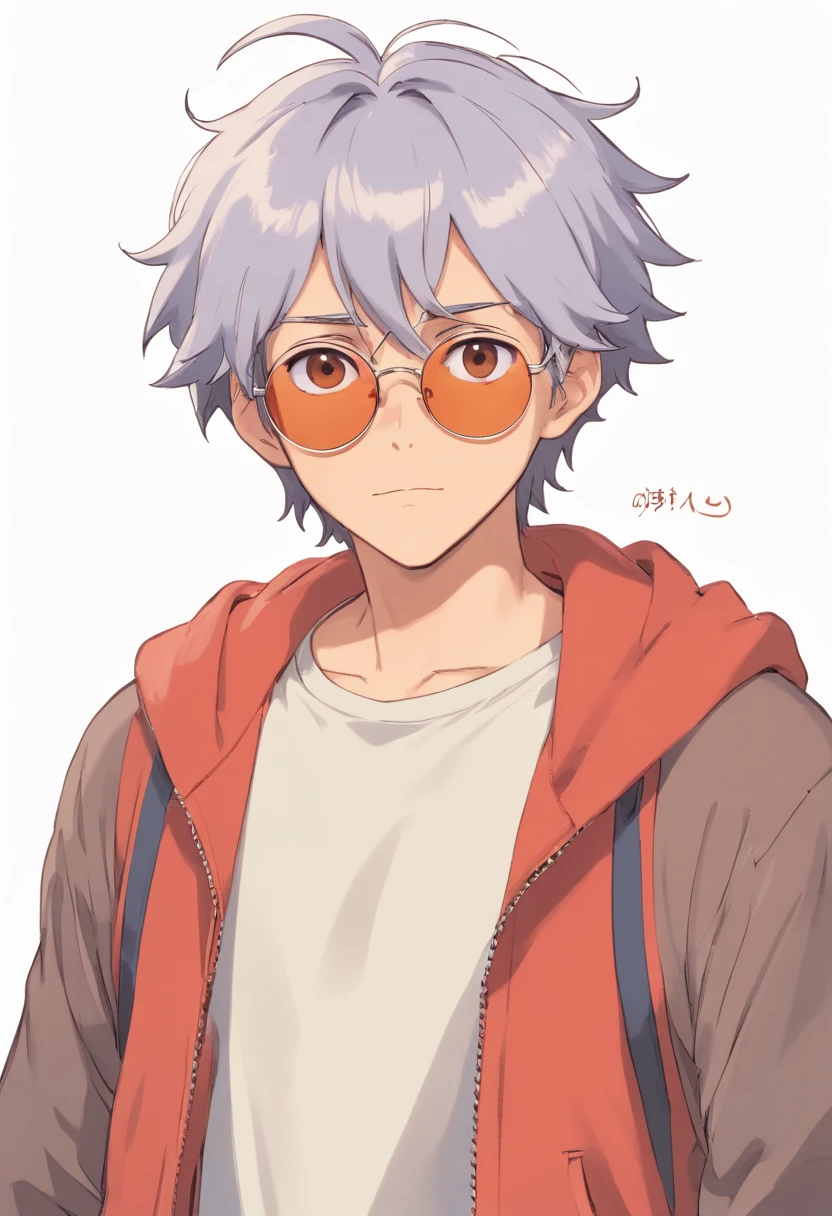 Um homem de 22 anos, cabelos brancos, cabelos curtos nas laterais mais longos na frente, Front view, fundo branco, anime, sunglasses, estilo cartoon, expression sheet face,Expression Sheet