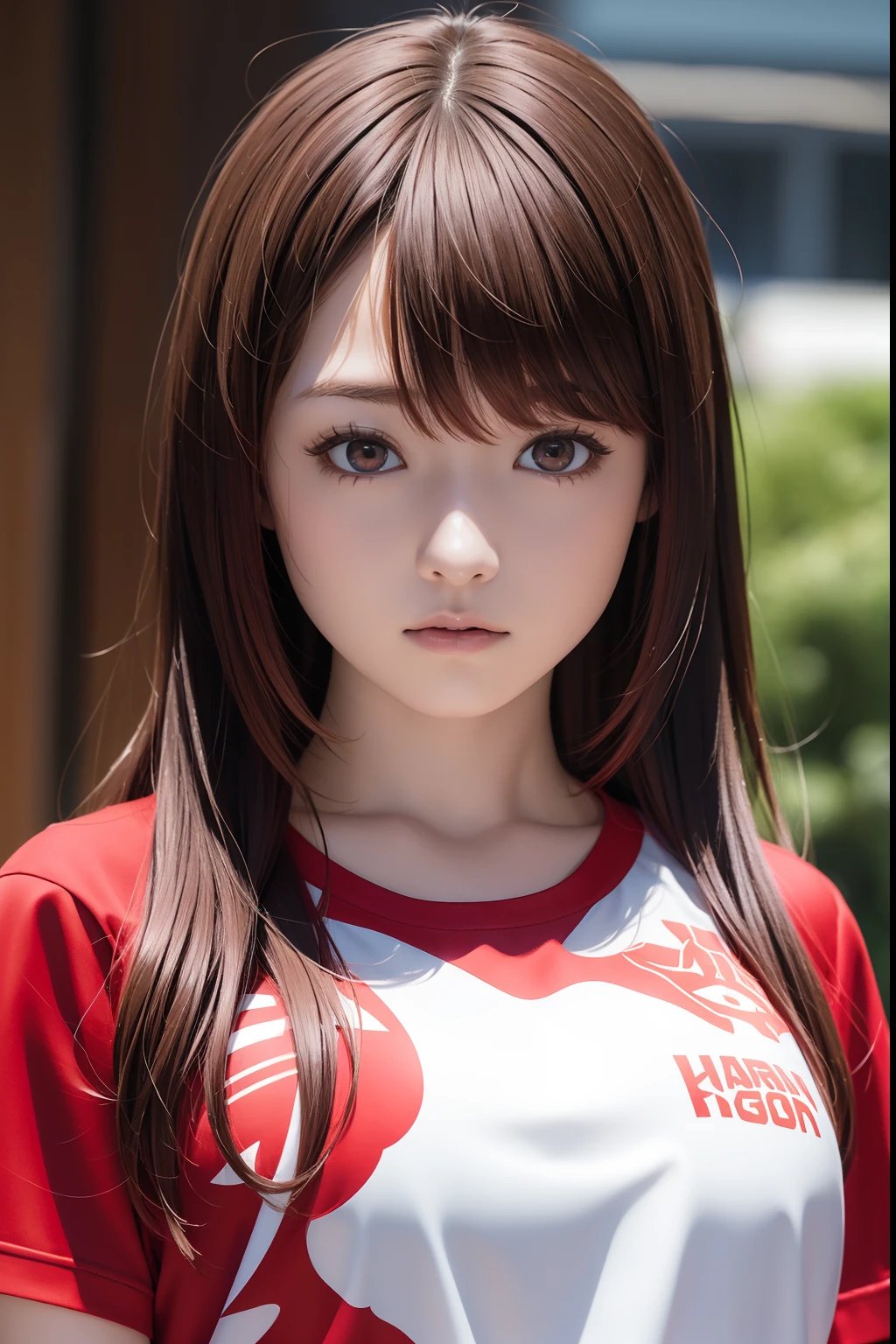The upper part of the body、an oil painting、masterpiece、top-quality、hight resolution、Medium hair with red hair、bright red semi-long hair、bustshot、Loose and fluffy perm、rotTThe shirt、Short sleeved red shirt、The letters on the shirt are Hargon、Angry、glaring、angry、Hargon printed on shirt、moody expression、Hargon is depicted on the chest of the clothes