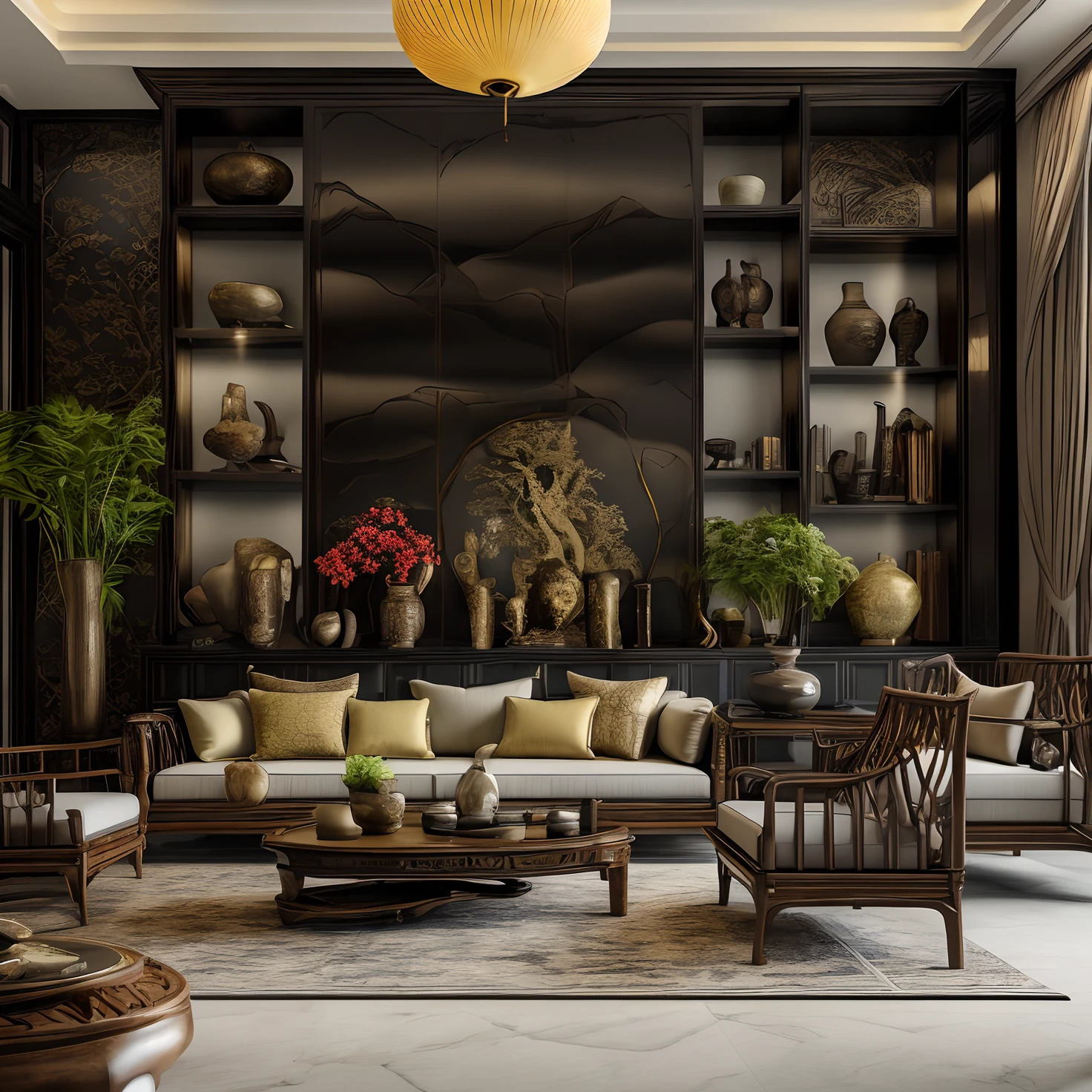 (( masterpiece)) (( ultral realistic)) (( sharp forcus)) (( high detail)) livingroom in indochina style,china , vietnam, black wooden furniture, wallpaper, patent,glossy, ceramic tiles floor,