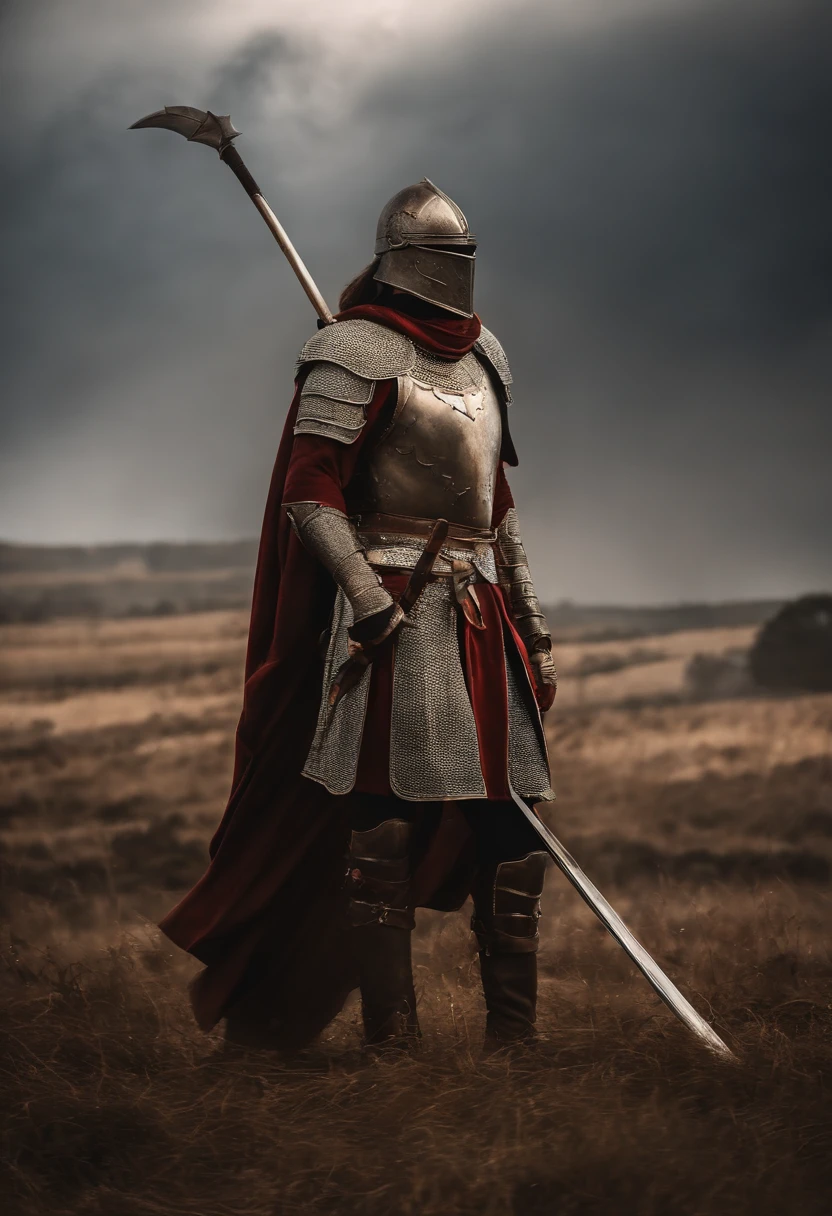 "Cavaleiro Real com uma aura majestosa, adornado em armadura reluzente, wielding a legendary spear, standing tall in the middle of a medieval battlefield, com faixas tremulando ao vento e raios de sol iluminando a cena." with spear in the mouth of a dragon on the ground