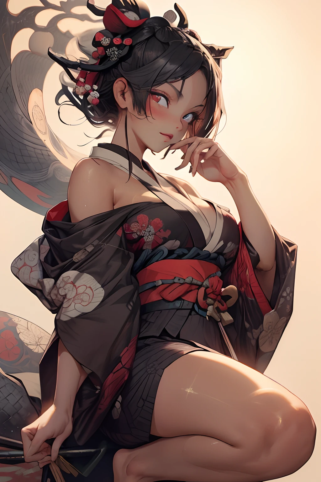 Barefoot woman(30-years old) , (strongly tanned skin:1.7)、 (White hair)、(Samurai style black and gold kimono:1.0)、(two swords)、Bare shoulders, Double eyelids, Parted lips,Solo,(cleavage)、delicate and sexy(鎖骨:1.3), (Shiny skin:0.8),(masutepiece:1.4),(Best Quality:1.4),glossy red lips, Perfect Abs, Wet(full of sweat)、low angles, (from below angle), High detailed skin, Skin pores,(Katsushika Hokusai-style background:1.5)
