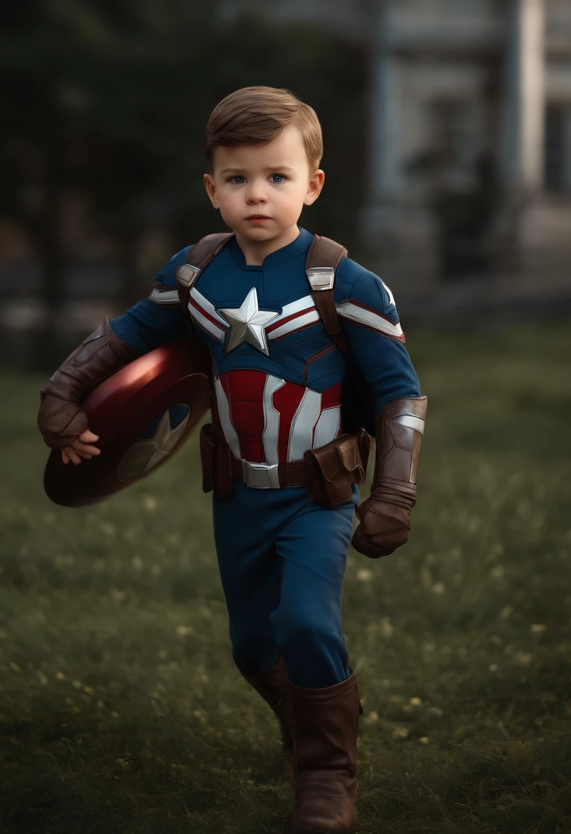 , 2 years old,, shaved hair, like Captain America 8k, high resolution, detailed face, detailed shield, detailed eyes, detailed costume, Marvel and DC style, hyper-realistic, + cinematic shooting + dynamic composition, incredibly detailed, sharp, detailed + superb details + night with light + perfectionism + award-winning realism