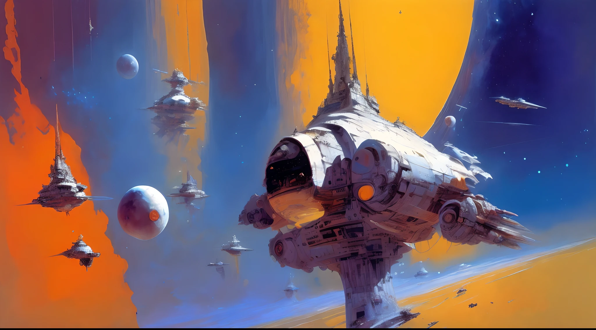 by John Berkey colorful space, organic spaceships, photorealistic space station, space traffic, celestial bodies, volumetric lighting, Syd Mead, Frank Frazetta, John Berkey, brutalism