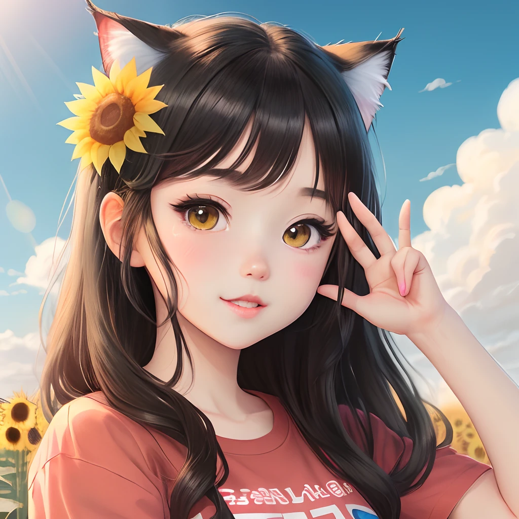 Cute little girl , anime , cat hair, ,with pose ✌️, bang hairstyle, black long hair,cute, black eyes, pink lips, blush, yellow sunflower on the sky, evening, wearing a red t shirt, manga art, manga drowning, detailed,