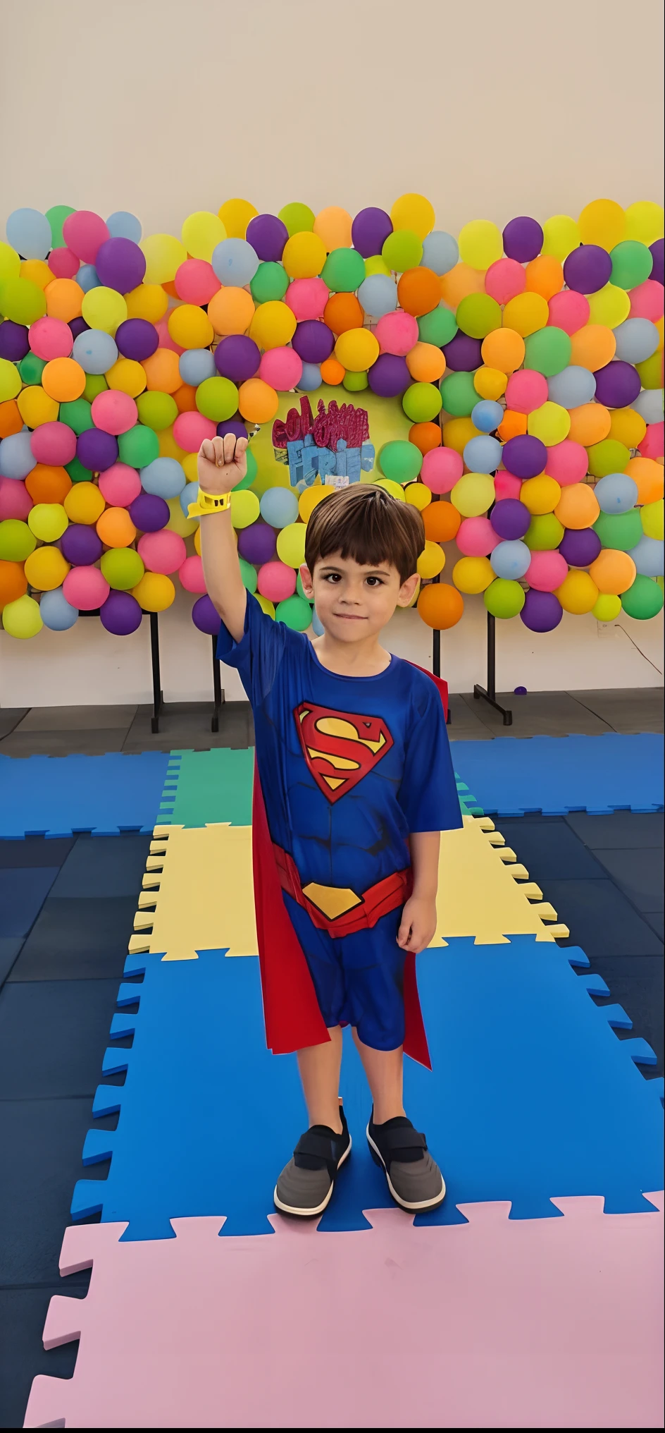 A boy in a Superman costume standing on a rug with balloons in the background, pose do super-homem, super hero pose, wearing hero costume, Traje do Superman, posing like a superhero, super hero, Super-homem, super hero costume, holding a balloon, cabrito, wearing red and yellow hero suit, Superheroíne, super poder, divertindo-se, Asher Duran, super forte