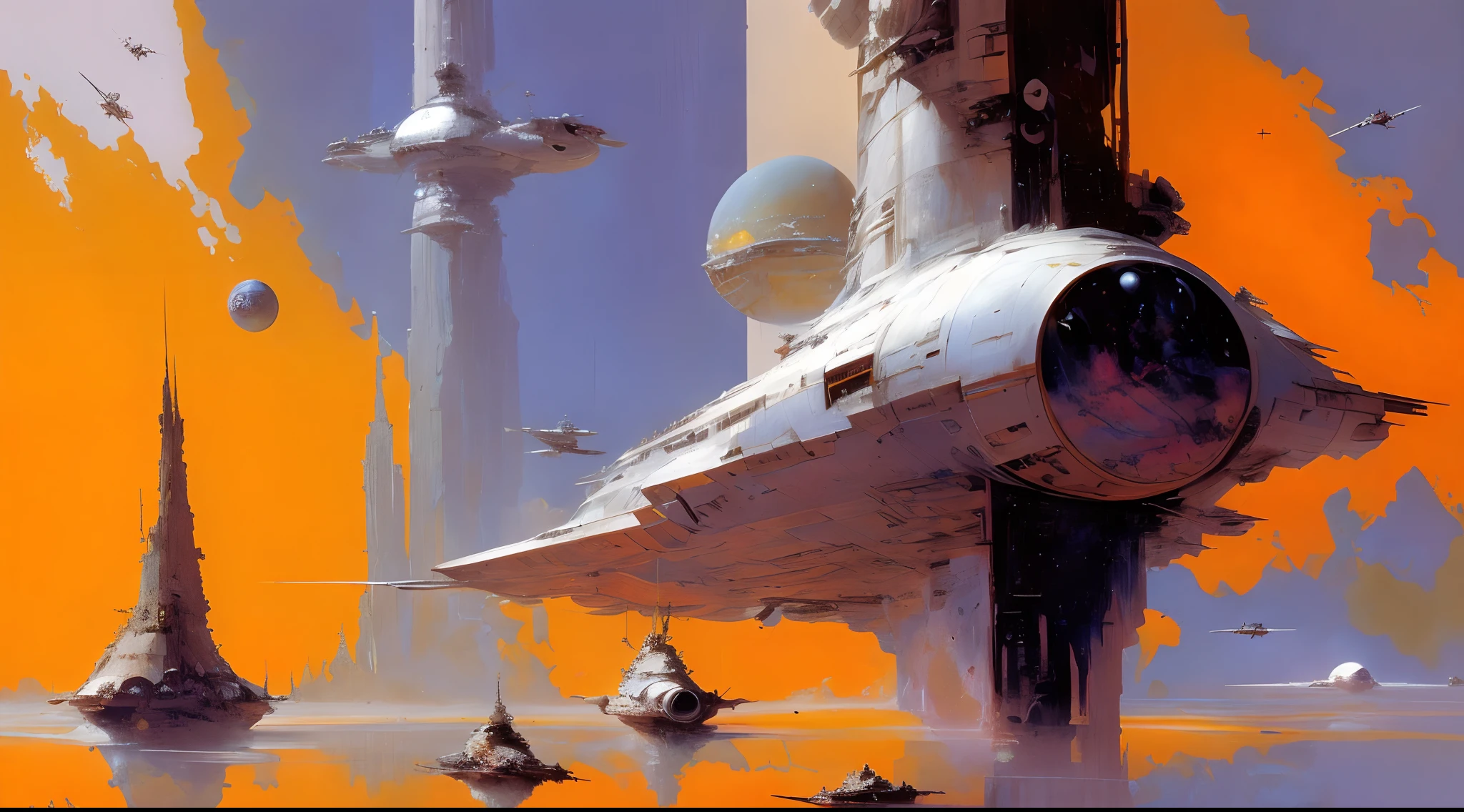 by John Berkey colorful space, organic spaceships, photorealistic space station, space traffic, celestial bodies, volumetric lighting, Syd Mead, Frank Frazetta, John Berkey, brutalism