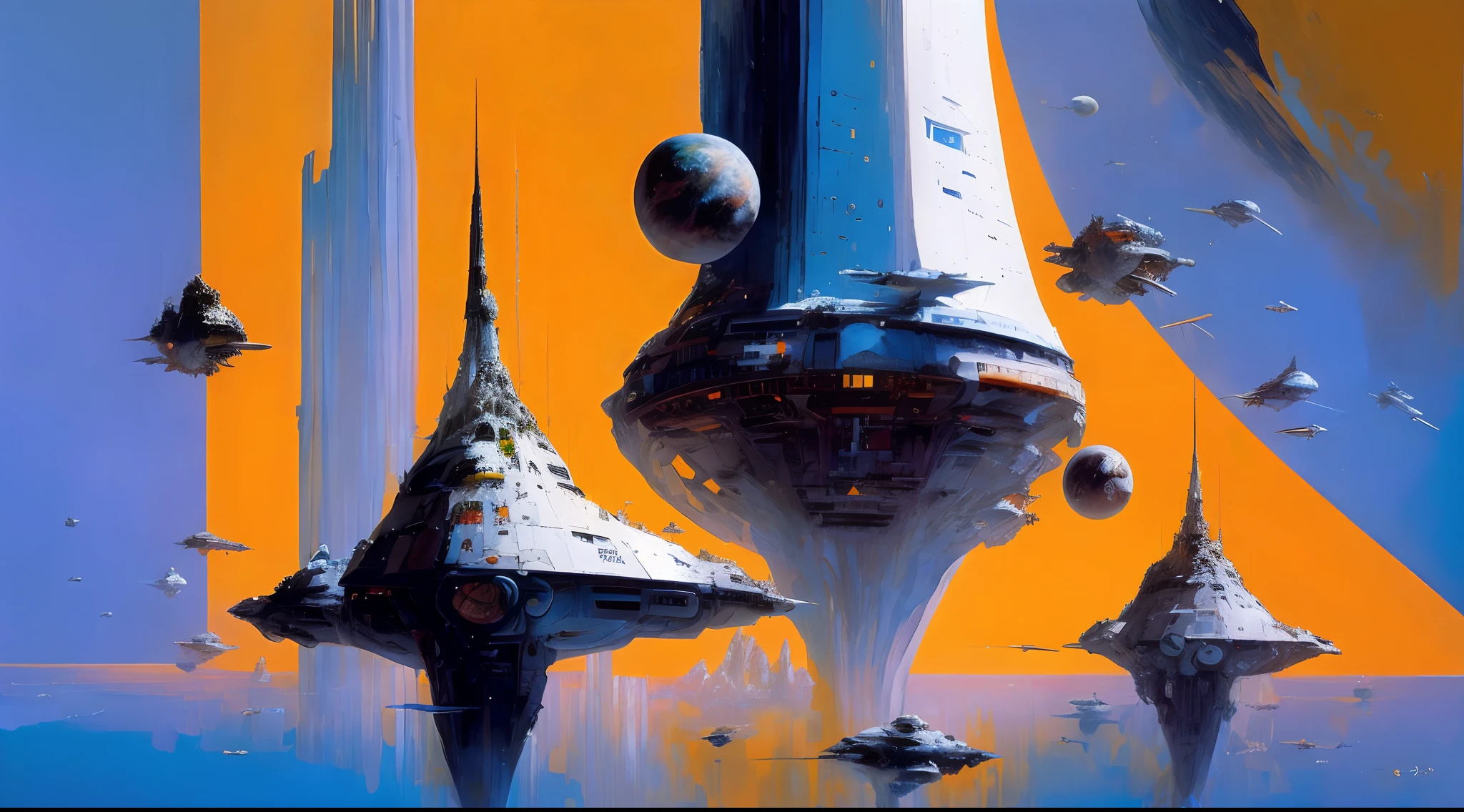 by John Berkey colorful space, organic spaceships, photorealistic space station, space traffic, celestial bodies, volumetric lighting, Syd Mead, Frank Frazetta, John Berkey, brutalism