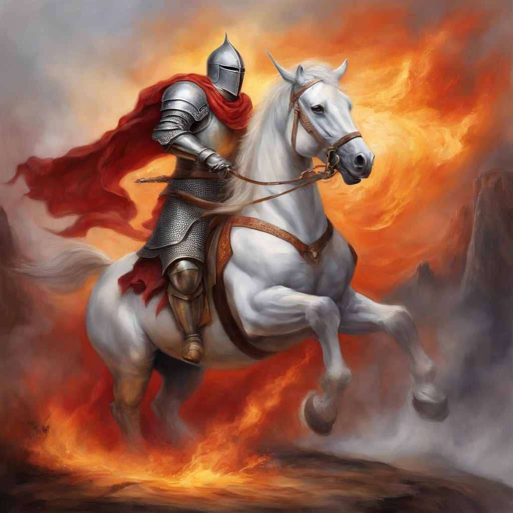 Knight with fire sword charging on a unicorn towards a red-skinned devil, epics, radiante, Movimentos, incrivelmente detalhado, hiper-realista. matando um dragao