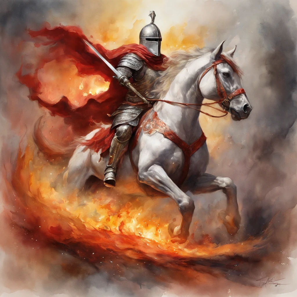 Knight with fire sword charging on a unicorn towards a red-skinned devil, epics, radiante, Movimentos, incrivelmente detalhado, hiper-realista. matando um dragao