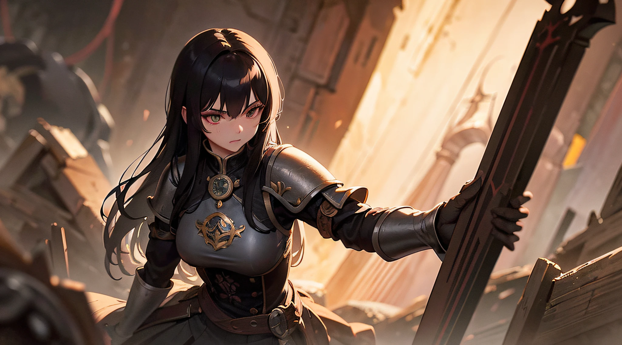anime illustration of girl, (Age: 22,Height: 5'8",Personality: Brave, determined, compassionate,Clothing: Typically wears black leather armor and wields a double-edged sword,Weapon: A double-edged sword with a curved blade), the protagonist of "Fury's Edge", as she stands triumphantly, with a fierce expression on her face and her sword held high. The background should be dark and ominous, with smoke and fire suggesting the chaos and destruction that surrounds her. The overall feel should be intense and action-packed, with a sense of danger lurking just behind the scenes. Yuna should look powerful and confident, with a determined look in her eyes, ready to face whatever challenges come her way